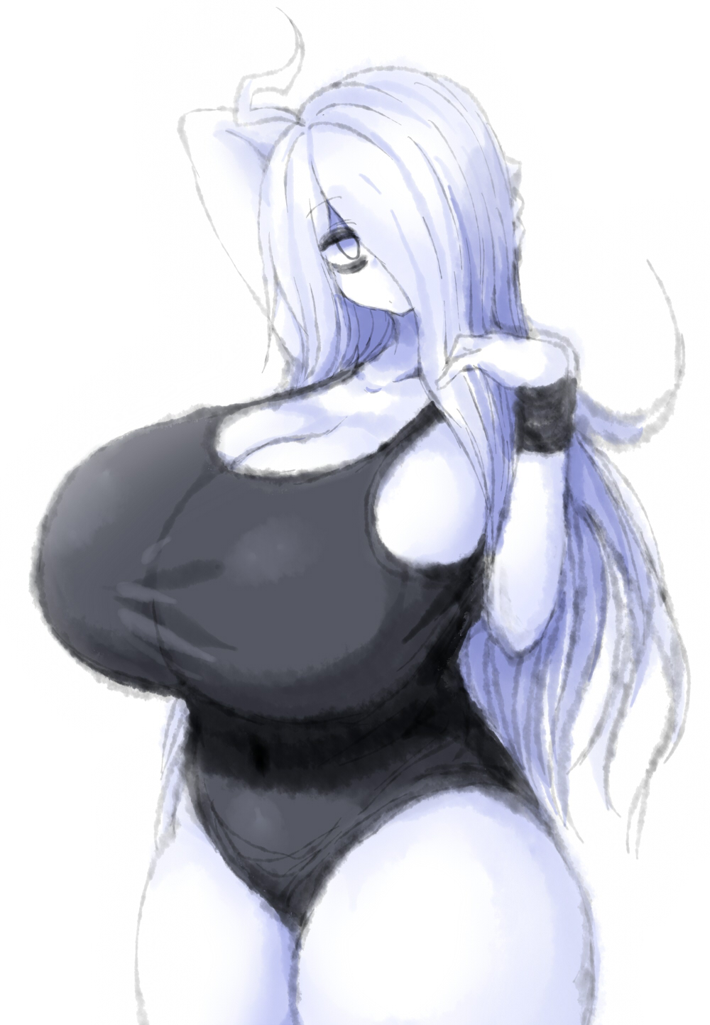 2b213, big breasts, breasts, female, hair over one eye, huge breasts, long hair, mei (2b213), solo female