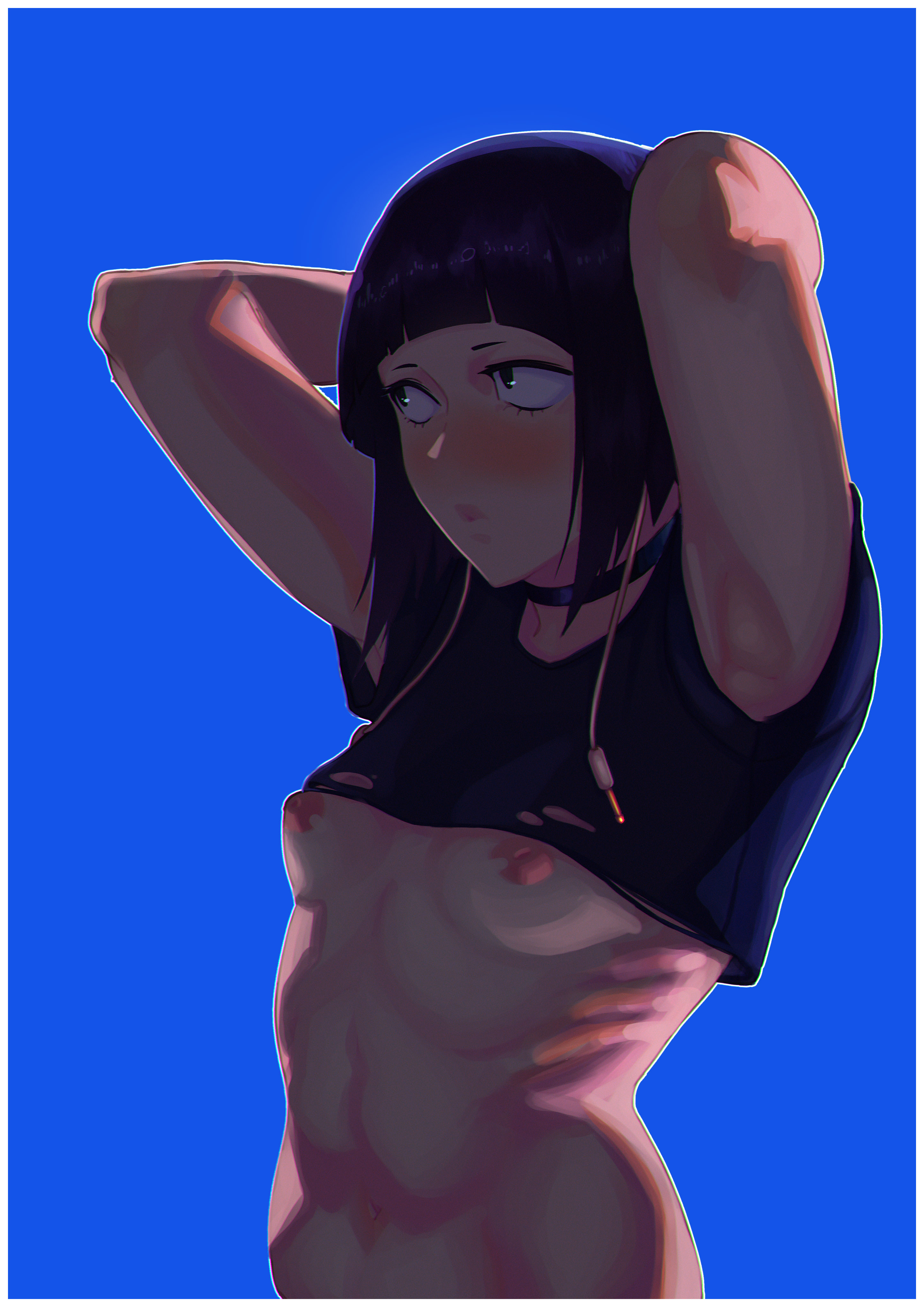 1girls, areolae, armpits, bangs, black hair, bottomless, breasts, choker, crop top, dzinushione, female, female focus, female only, kyoka jiro, my hero academia, navel, nipples, nude, pose, punk, punk girl, purple hair, purple-haired female, ribs, shirt lift, short hair, small breasts, solo, standing, teenage female, teenager