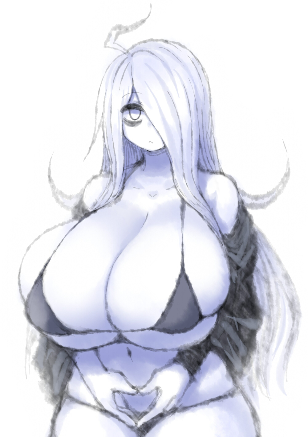 2b213, big breasts, bikini, breasts, female, hair over one eye, huge breasts, long hair, mei (2b213), solo female