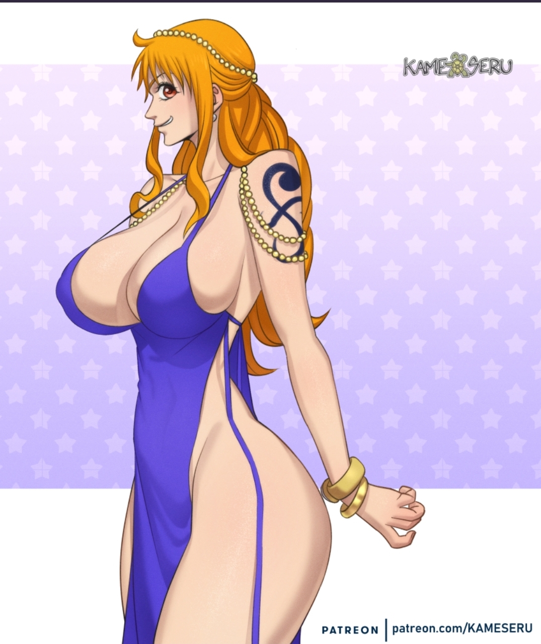 1girls, arm tattoo, ass, blue tattoo, breasts, clothed, dress, female, female only, kameseru, large ass, large breasts, nami (one piece), nami (one piece) (zou), one piece, one piece: zou arc, orange hair, orange-haired female, post-timeskip, purple dress, tagme, tattoo, thick thighs, thin waist