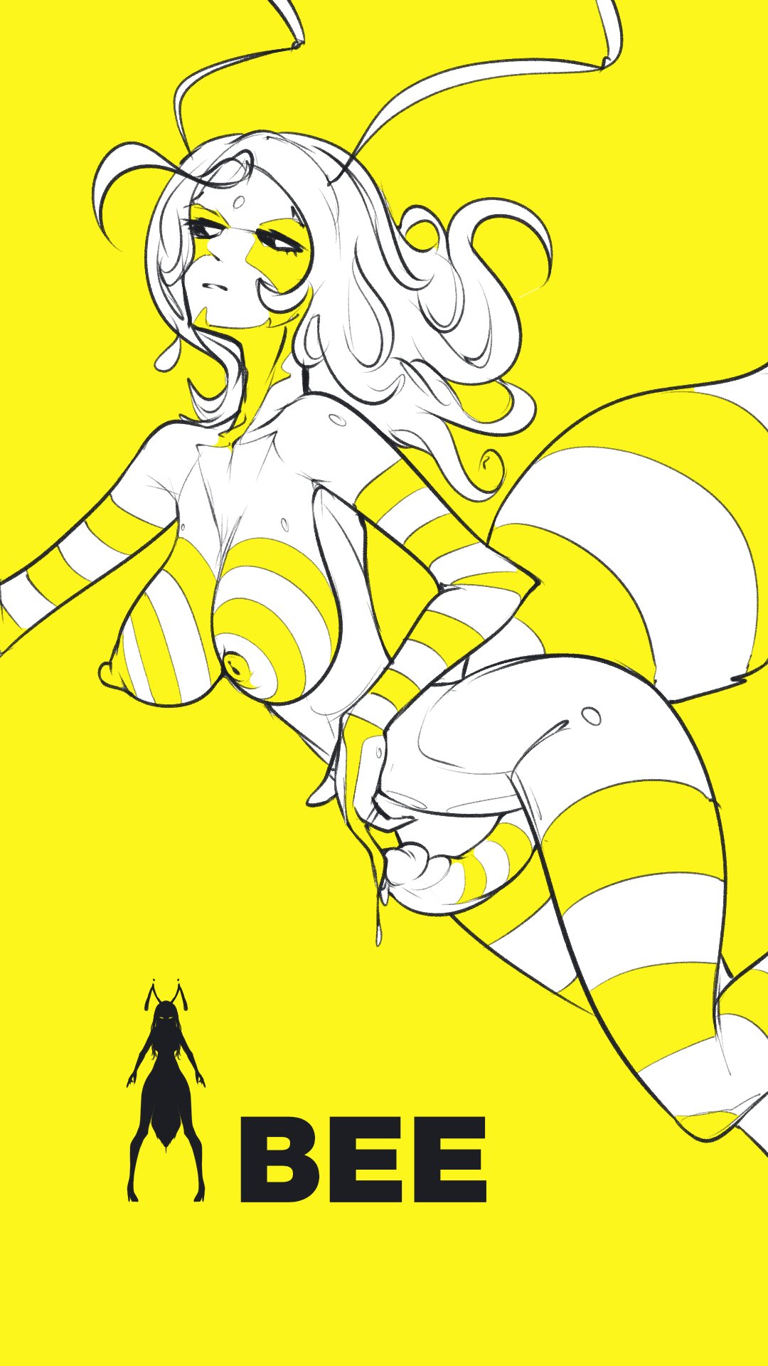 1futa areolae bee big_breasts big_penis breasts erection futa_only futanari humanoid humanoid_penis insect_girl insects monochrome monster_girl nipples nude penis silhouette solo stripes tailbox text