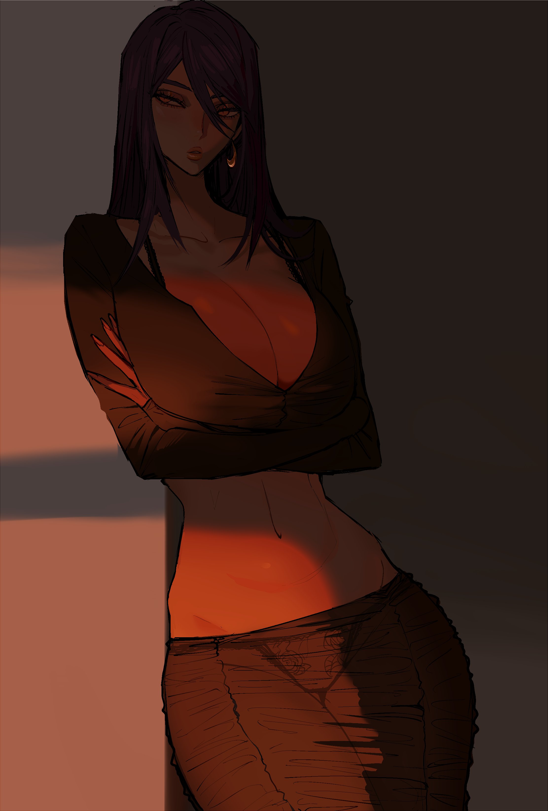 1girls, black hair, cleavage, clothing, crossed arms, elegant, ennuigrl, erato (ennuigrl), female, female only, leaning back, long hair, looking away, narrowed eyes, red eyes, shaded, solo, solo female, very high resolution