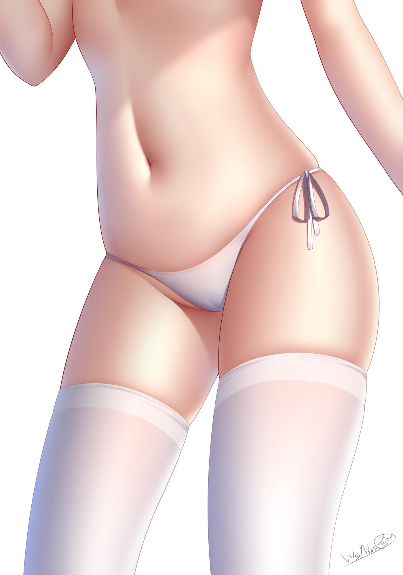 1girls, belly, cameltoe, female, female only, navel, original, pussy, side-tie panties, smooth skin, thighhighs, thighs, underwear, white background, white panties, white underwear, wsman