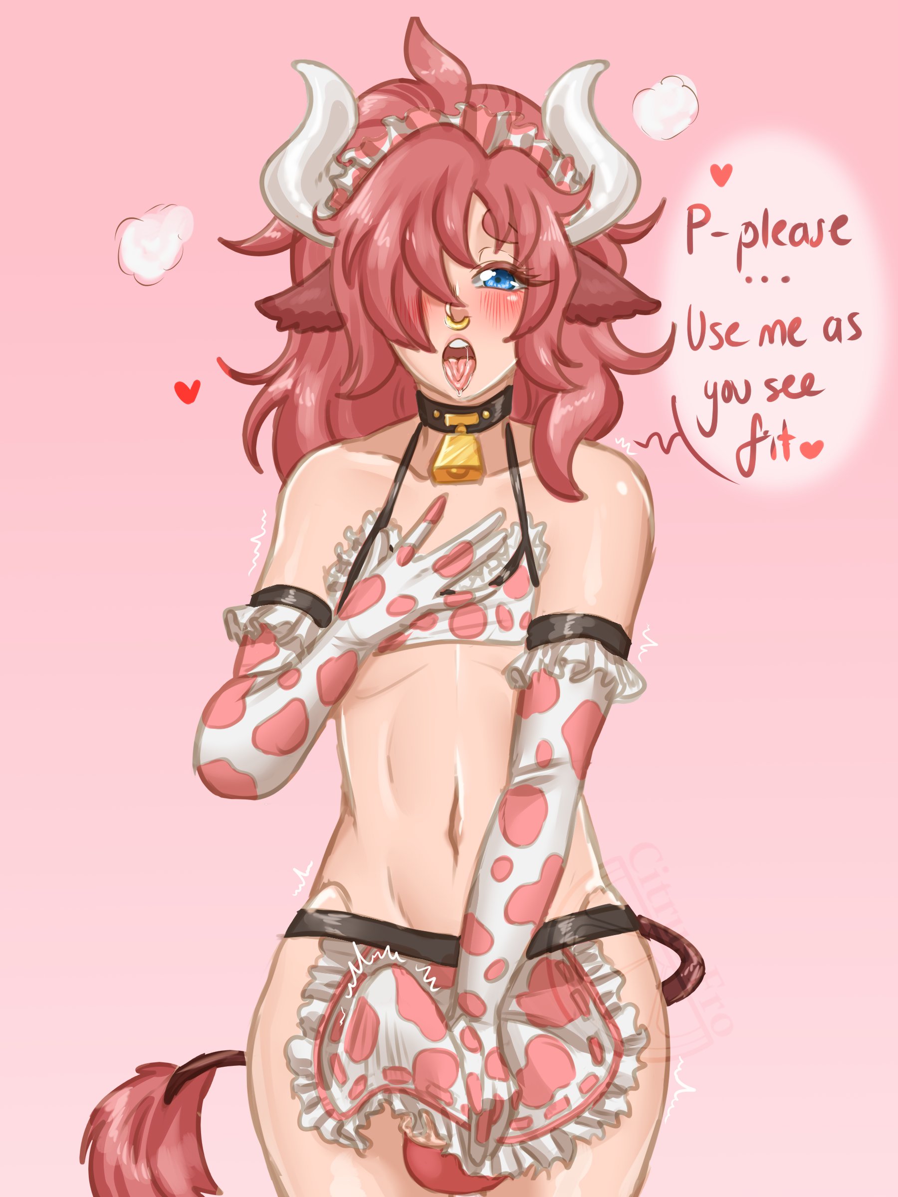 1boy, animal ears, balls, citrusfro, clothed, clothing, cow boy, cow ears, cow print, dialogue, elbow gloves, erection, femboy, gloves, humanoid, humanoid penis, kemonomimi, light skin, light-skinned male, male, male only, mostly nude, nose ring, nsfwulf, original character, pale skin, penis, pink hair, solo, standing, tail, text, tongue, tongue out