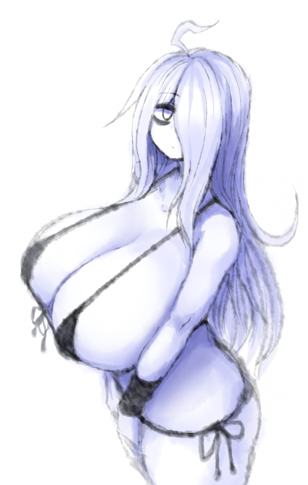 2b213, big breasts, breasts, female, hair over one eye, huge breasts, long hair, mei (2b213), solo female
