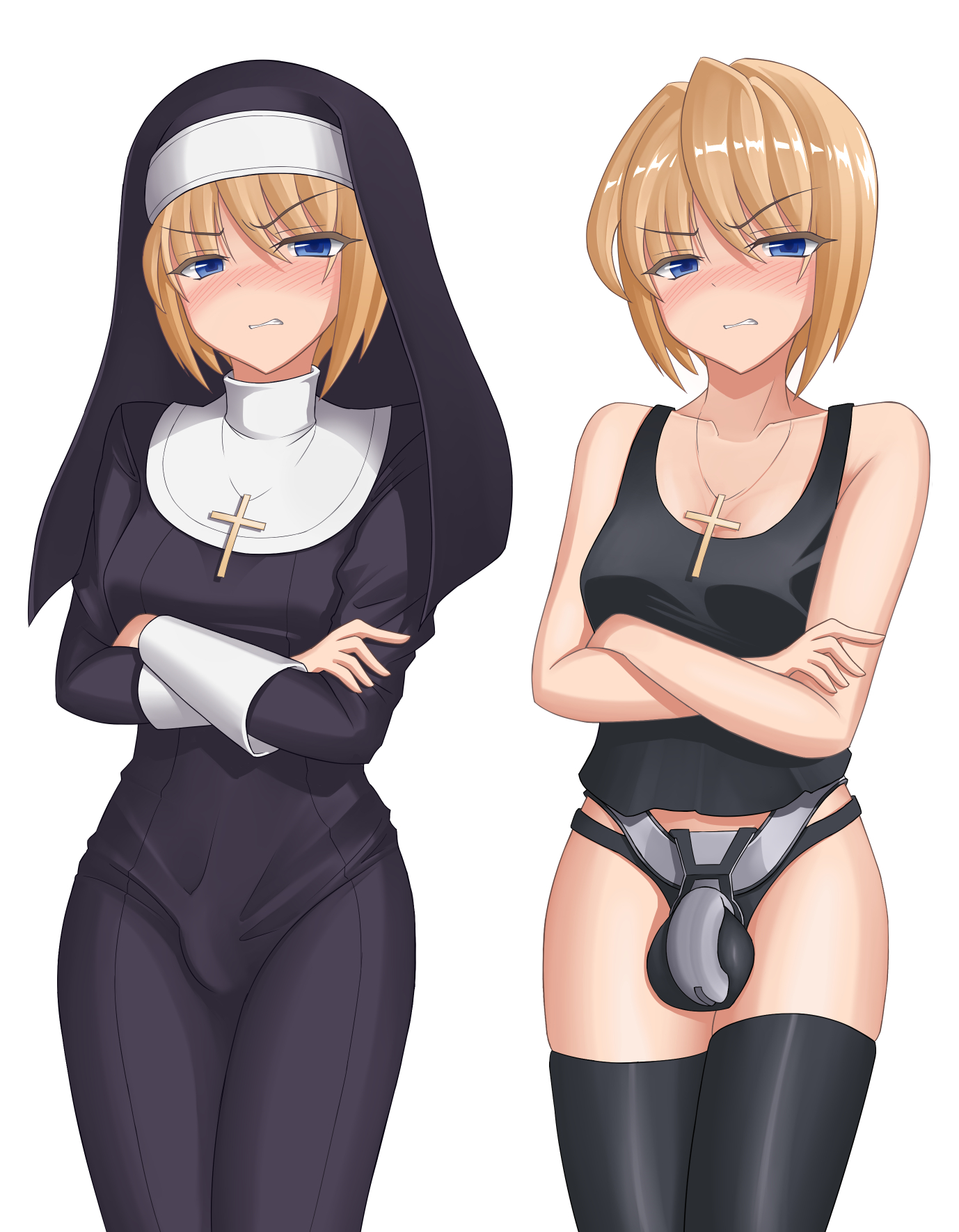 1futa, angry, balls, blonde hair, blue eyes, blush, bra, breasts, bulge, chastity, chastity cage, clothed, clothing, cross, crossed arms, fully clothed, futa only, futa yami, futanari, human, intersex, light skin, light-skinned futa, lingerie, lingerie under clothes, looking at viewer, medium breasts, mostly nude, multiple views, nun, pale skin, panties, penis, small penis, solo, squatting