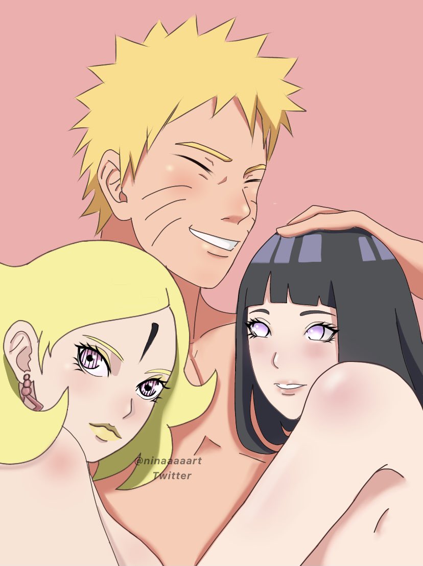 after sex, artist name, big breasts, blonde hair, blunt bangs, blush, bob cut, body blush, boruto: naruto next generations, breasts, closed eyes, couple, cuddling, delta (boruto), earrings, embrace, eyelashes, eyeliner, eyeshadow, facial mark, facial markings, female, ffm, ffm threesome, forehead mark, hand on head, happy, hugging, hyuuga hinata, jewelry, light skin, light-skinned female, light-skinned male, lipstick, long hair, looking at partner, looking at viewer, looking up, lying, lying on back, lying on person, makeup, male, male/female/female, married, mascara, multiple females, multiple girls, naked, naruto, naruto (series), ninaaaaart, nude, paipan, pale skin, pale-skinned female, parted bangs, parted lips, penis, pink background, pink eyes, pinup, plain background, purple eyes, purple hair, short hair, shounen jump, sideboob, simple background, smile, swingers, text, threesome, twitter username, unusual anatomy, unusual genitalia, unusual penis, upper body, uzumaki hinata, uzumaki naruto, violet eyes, watermark, whisker markings, whiskers, yellow hair