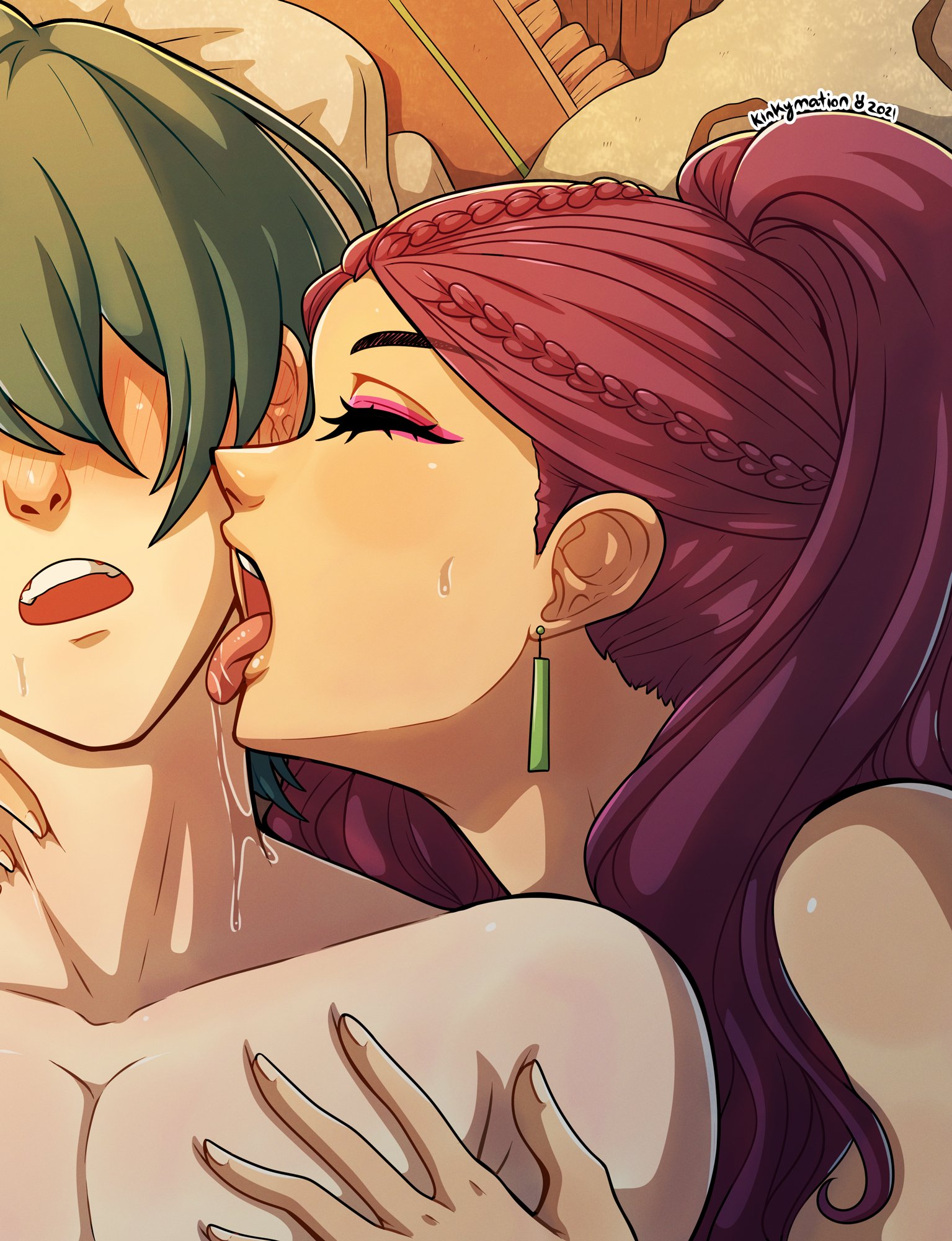 1boy, 1girls, byleth (fire emblem), byleth (fire emblem) (male), close-up, earrings, female, fire emblem, fire emblem: three houses, kinkymation, licking, licking face, light skin, light-skinned male, long hair, makeup, male, nintendo, petra macneary, ponytail, post-timeskip, purple hair