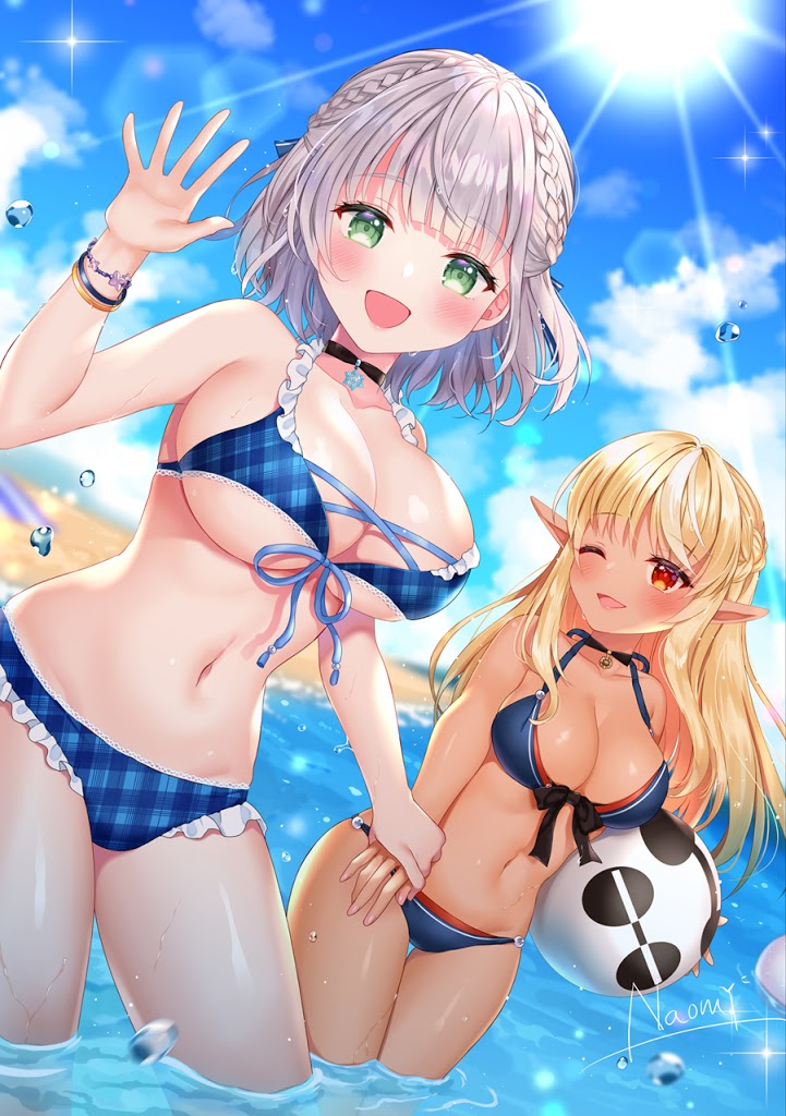 2girls, big breasts, blonde hair, breasts, dark skin, dark-skinned female, female, green eyes, hololive, hololive fantasy, hololive japan, multiple females, multiple girls, shiranui flare, shirogane noel, silver hair, virtual youtuber, yuri