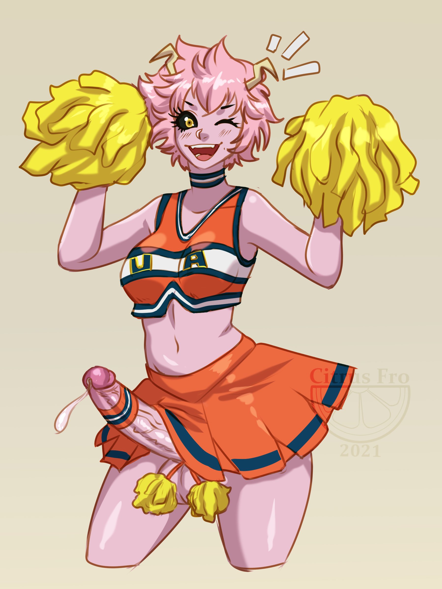 1futa, big penis, black sclera, breasts, cheerleader, cheerleader uniform, citrusfro, clothed, clothing, cum, erection, erection under skirt, futa only, futanari, humanoid, humanoid penis, intersex, mina ashido, mostly clothed, my hero academia, penis, pink skin, pom poms, precum, skirt, solo, standing