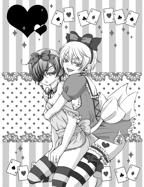 2boys alice_in_wonderland alois_trancy bottomless ciel_phantomhive cosplay costume crossdressing fairy_tales femboy kuroshitsuji literature male monochrome multiple_boys public_domain thighhighs trap