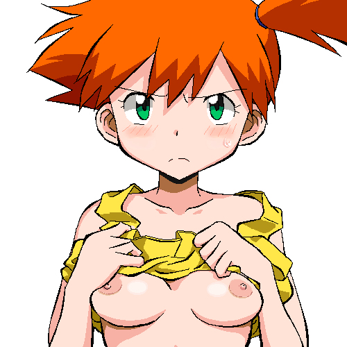 1girls angry blush breasts embarrassed female female_only gomatarou human human_only kasumi_(pokemon) misty_(pokemon) orange_hair pointy_chin pokemon pokemon_(anime) shirt_lift side_ponytail simple_background solo white_background