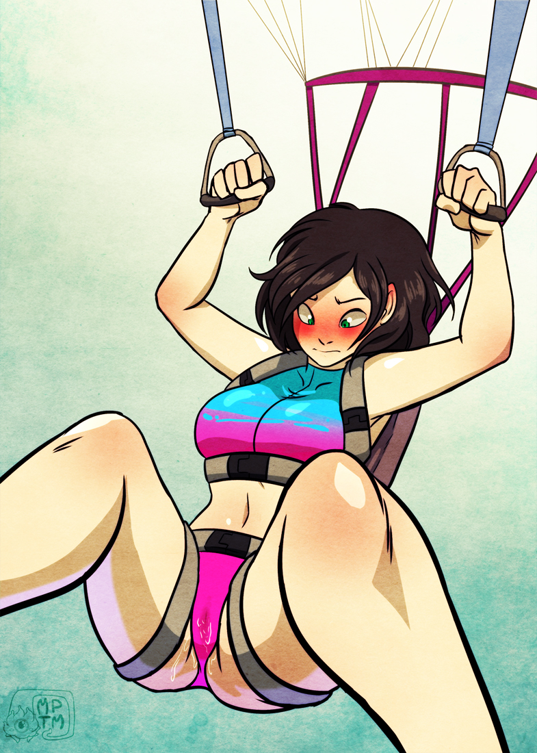 bikini, blush, embarrassed, female, harness, my pet tentacle monster, orgasm, original, parachute, pussy, pussy juice, skydiving, solo