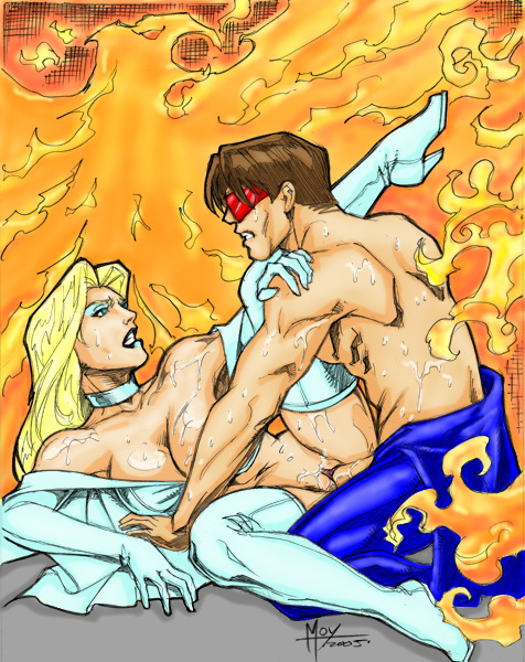 2005 clothed clothing color colored cyclops_(x-men) emma_frost female fire human jeff_moy male marvel marvel_comics pale_skin partially_clothed penis phoenix_(x-men) scott_summers sex side_view straight straight_hair tagme topless white_queen x-men