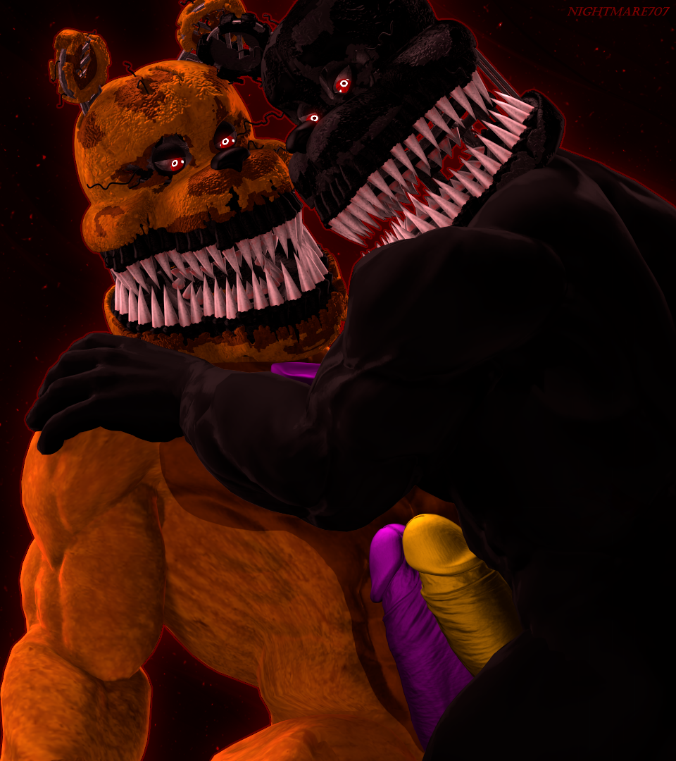 2020 2boys 3d 3d_(artwork) abs absurd_res animatronic bara bear big_penis black_background black_body black_nose black_skin bow_tie bowtie buff cock five_nights_at_freddy's five_nights_at_freddy's_4 gay gay_couple half-closed_eyes hi_res ingame_model lagomorph leporid looking_at_another looking_at_partner looking_at_penis looking_down machine mammal muscles muscular muscular_male nightmare707 nightmare_(fnaf) nightmare_fredbear_(fnaf) orange_body orange_skin penis pink_penis red_background red_eyes robot sharp_teeth touching touching_penis yellow_penis