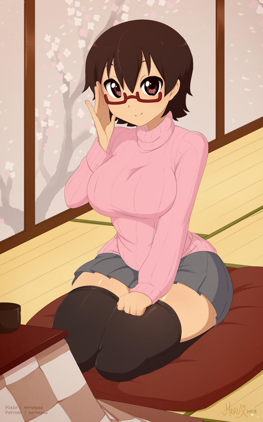 2018 adjusting_eyewear artist_name artist_signature black_legwear blue_skirt breasts brown_hair casual cup dated female full_body hair_between_eyes hand_on_own_thigh hand_on_thigh high_resolution indoors k-on! kotatsu large_breasts long_sleeves looking_at_viewer merunyaa miniskirt mug nodoka_manabe_(k-on!) patreon_username pillow pink_sweater pixiv_username pleated_skirt purple_eyes red-framed_eyewear ribbed_sweater seiza semi-rimless_eyewear short_hair sitting sitting_on_pillow skirt smile solo sweater table thighhighs thighs turtleneck turtleneck_sweater under-rim_eyewear wooden_floor zettai_ryouiki