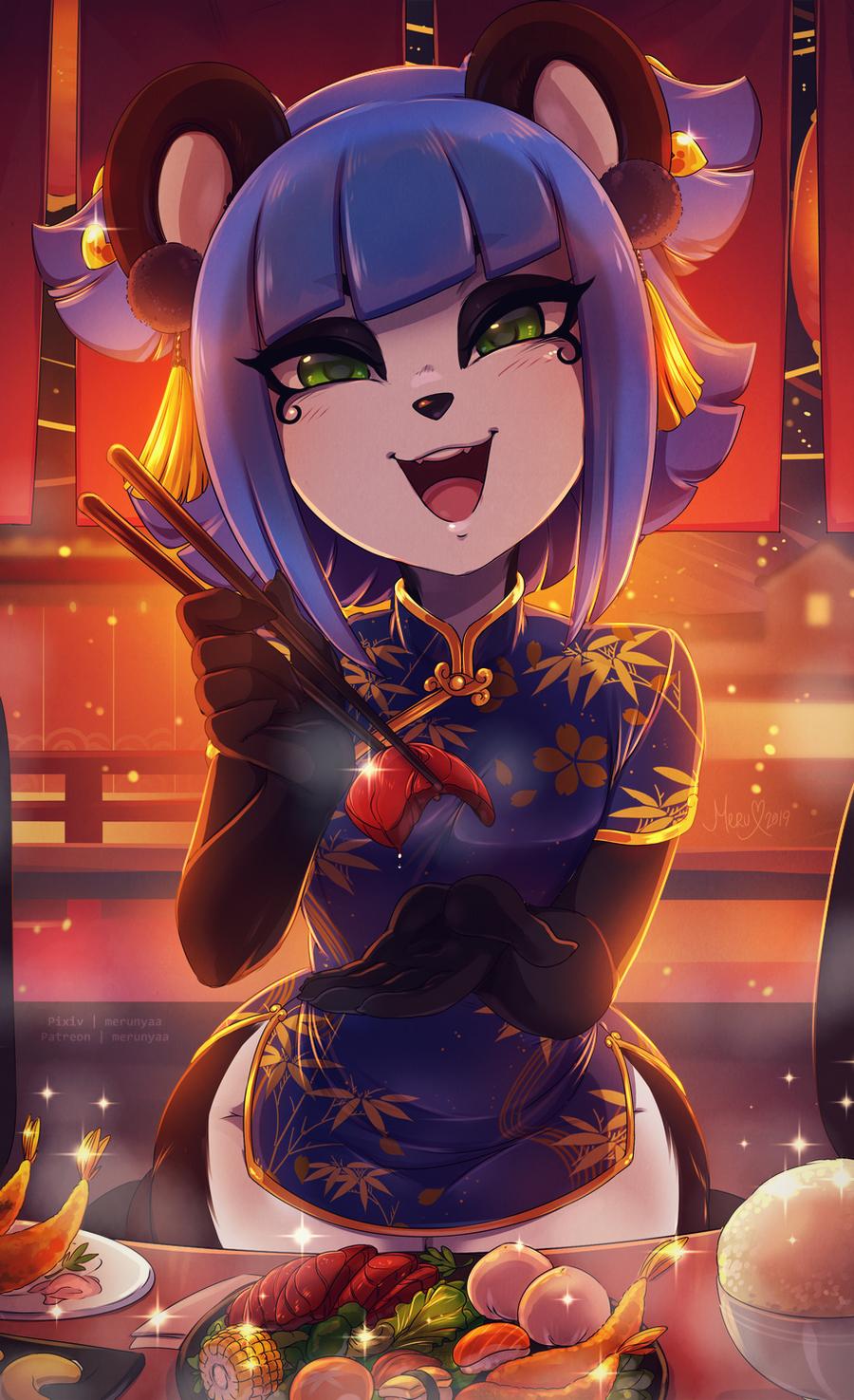 2019, animal ears, artist name, artist signature, bangs, black fur, blue dress, blue hair, china dress, chinese clothes, chopsticks, clothing, dated, dress, eyeliner, eyeshadow, feeding, female, food, furry, green eyes, headdress, headwear, high resolution, legs together, looking at viewer, makeup, meat, merunyaa, nuwa nightstone, original, panda, panda ears, panda girl, patreon username, pettanko, pixiv username, short dress, short hair, side slit, solo, two-tone fur, white fur