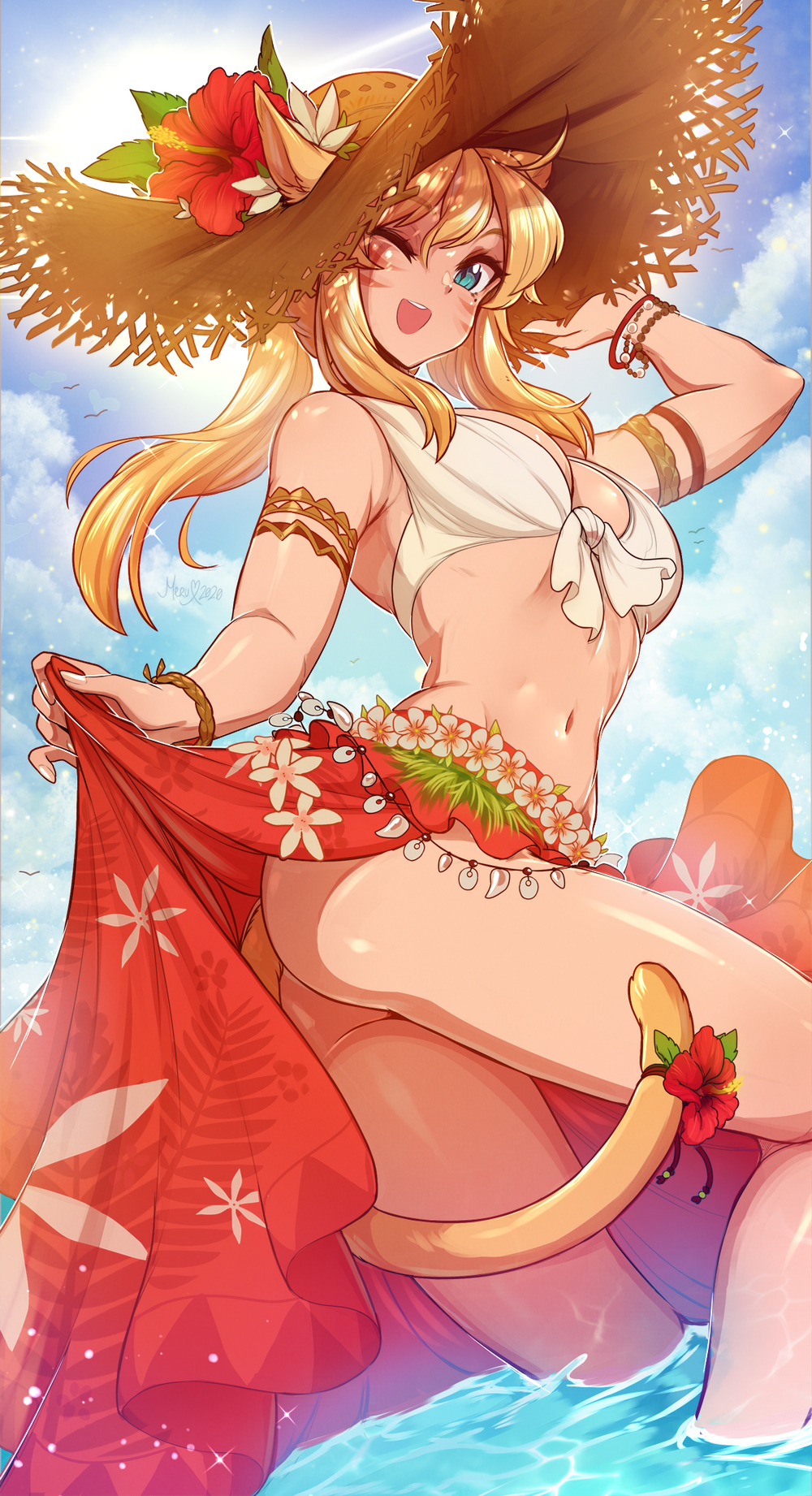 2020 2d ;d animal_ears aqua_eyes armlet artist_signature ass bikini blonde_hair blue_eyes blue_sky bracelet breasts cat_tail dated day female female_only final_fantasy final_fantasy_xiv flower hat hat_flower high_resolution jewelry kaiyoko_star light-skinned_female light_skin long_hair looking_at_viewer medium_breasts merunyaa midriff miqo'te navel nekomimi one_eye_closed open_mouth outdoors pale-skinned_female pale_skin partially_submerged red_flower sarong sky smile solo straw_hat sun swimsuit tail viewed_from_below water whisker_markings wink