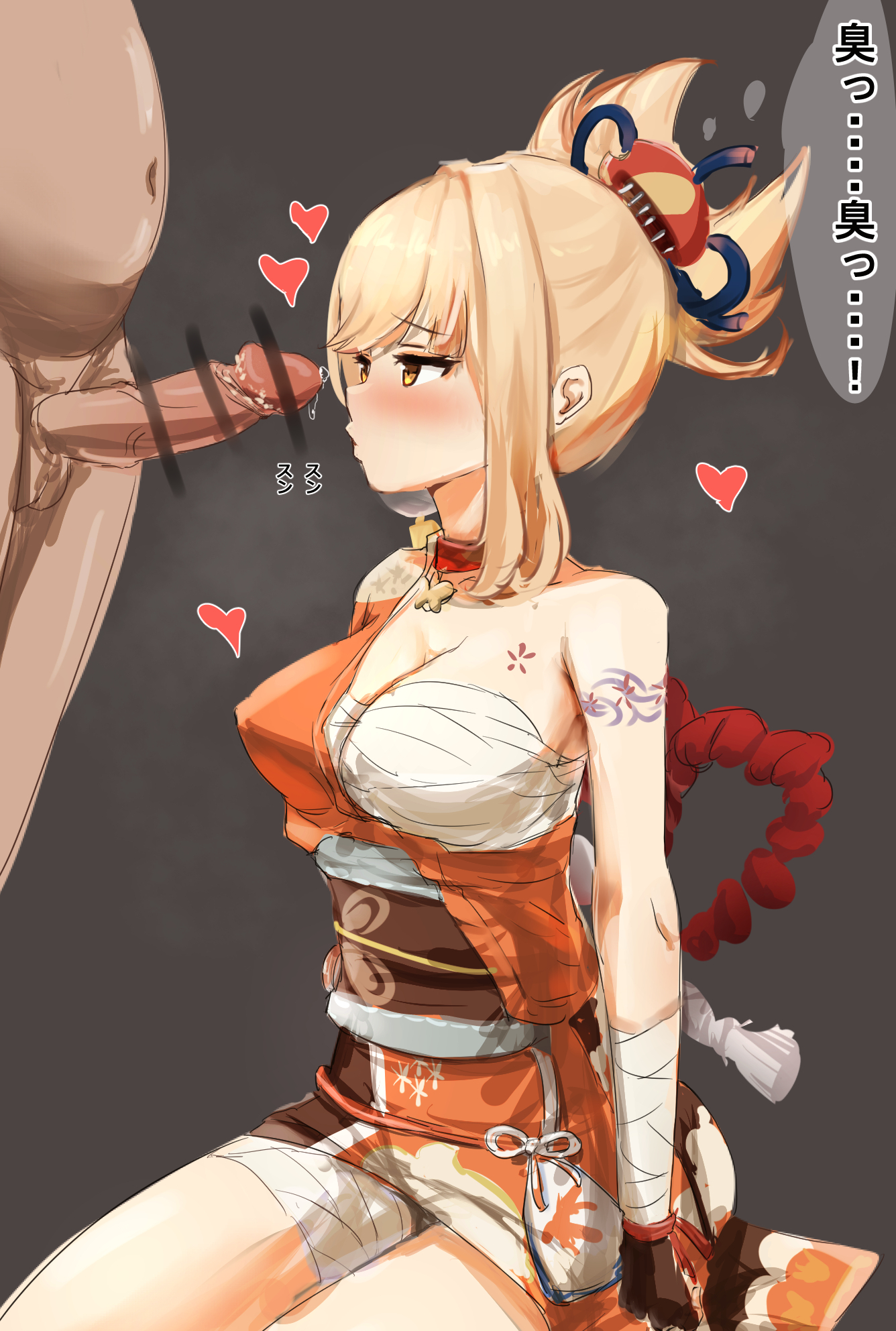 1boy, 1girls, arm tattoo, asymmetrical bangs, bandage, bandages, big breasts, blonde hair, blush, breast binding, breast tattoo, breasts, chest wraps, clothed female nude male, fat male, female, genshin impact, hair accessory, hair ornament, imminent fellatio, large breasts, male, penis, sarashi, shimenawa, smegma, sole female, straight, tattoo, tattoos, ugly bastard, yellow eyes, yoimiya (genshin impact)