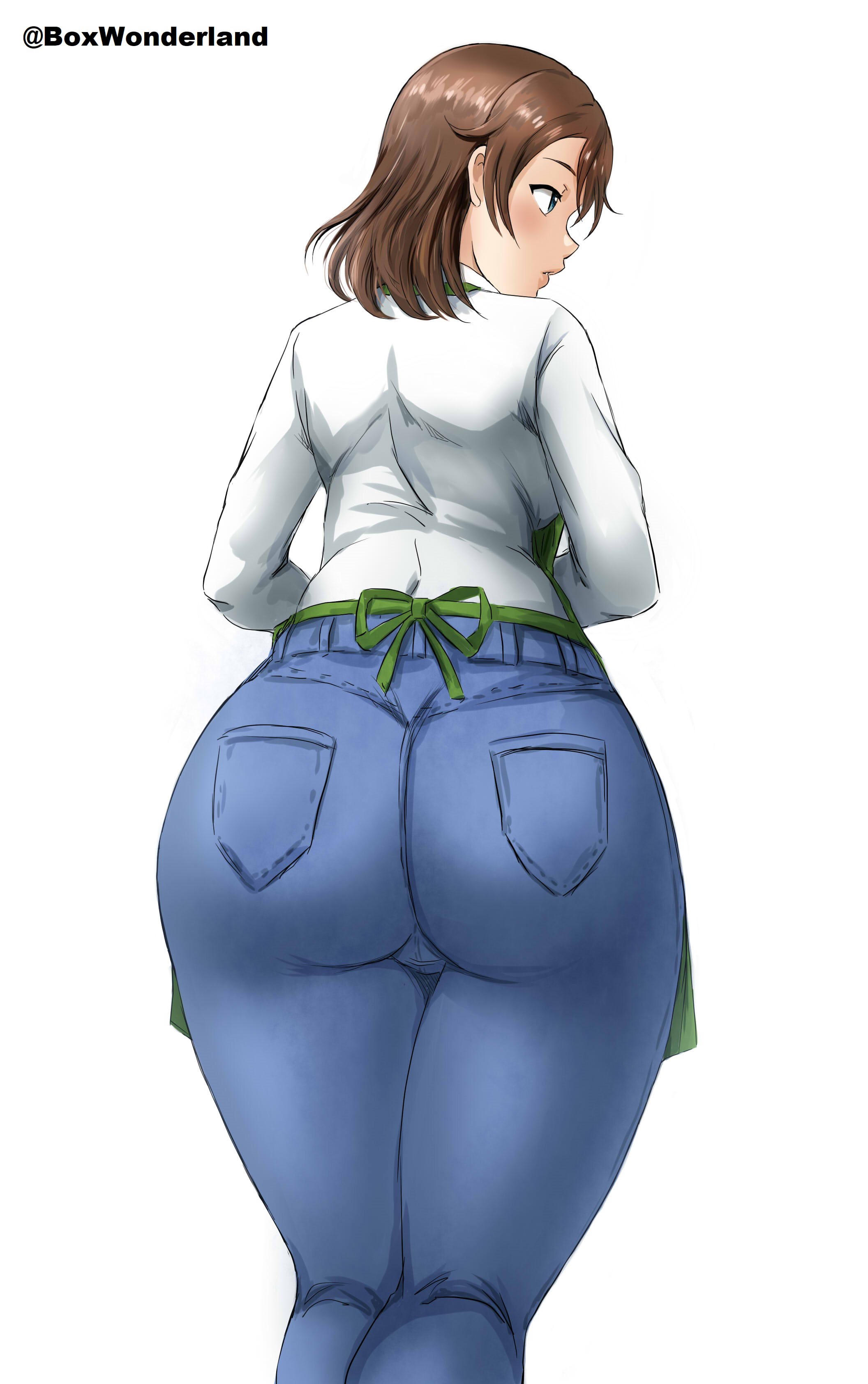 1girls, 2021, artist name, ass, ass focus, back, back view, big ass, big butt, blue jeans, bottom heavy, box wonderland, breasts, brown hair, clothed female, female, female focus, female only, fully clothed, jeans, kousaka honoka's mother, looking away, love live!, love live! school idol project, mature, mature female, milf, pants, shirt, simple background, solo, solo focus, standing, thick thighs, tight jeans, tight pants, white background, white shirt, wide hips