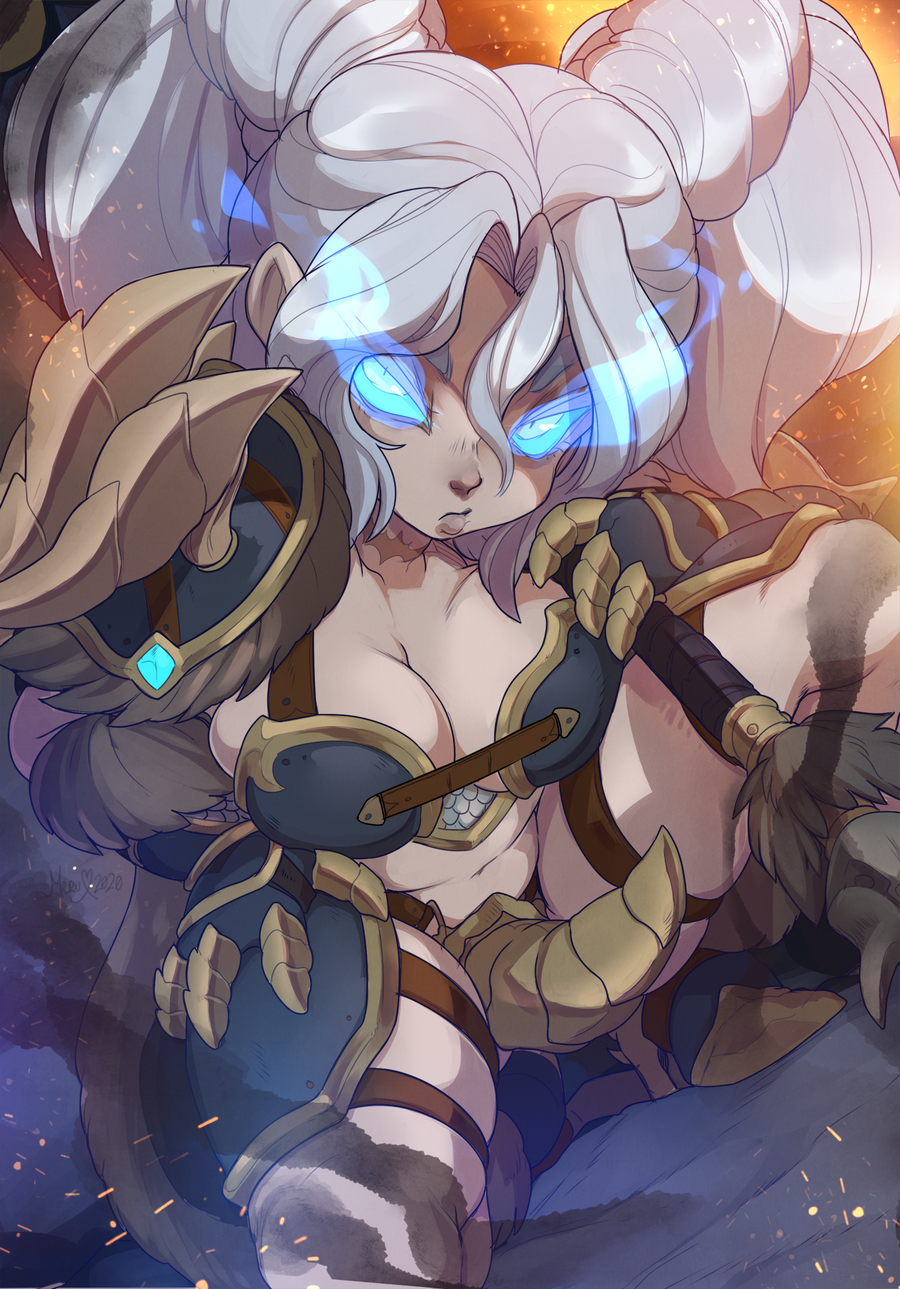 2020 armor artist_signature blue_eyes breasts calabim dated futanari glowing glowing_eyes hair_between_eyes hearthstone high_resolution intersex large_breasts looking_at_viewer merunyaa navel solo spread_legs squatting warcraft white_hair