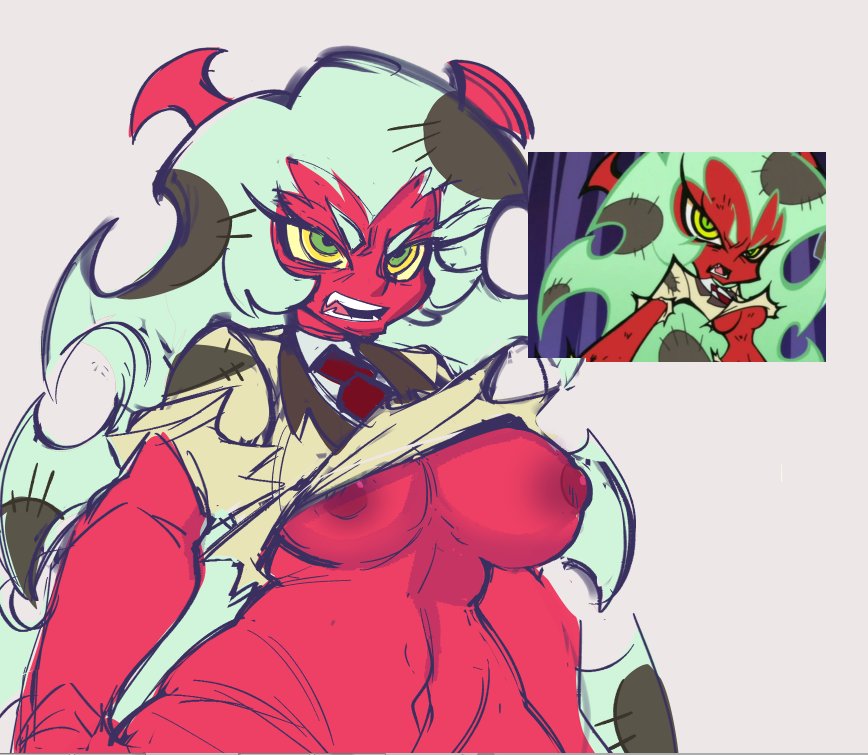 1girls breasts demon demon_girl green_eyes green_hair horns huge_breasts ink01 inkbloto large_breasts leaddrill long_hair nipples panty_&_stocking_with_garterbelt red_skin scanty_daemon torn_clothes