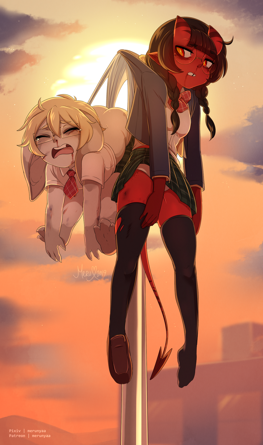 1boy 2019 animal_ears artist_name artist_signature ass asura_(guild_wars) black_legwear blonde_hair blood bow bruise closed_eyes cloud cloudy_sky colored_skin crying dated demon_girl demon_horns demon_tail female full_body guild_wars guild_wars_2 half-closed_eyes high_resolution horns injury jakko_(arcanist_jakko) male megane meru_(merunyaa) merunyaa original original_character original_characters outdoors panchira pantsu patreon_username pixiv_username plaid plaid_bow plaid_skirt red_skin school_uniform shirt short_sleeves skirt sky succubus sun tail tears teeth thighhighs twint_braids underwear uniform watermark wedgie white_panties white_underwear