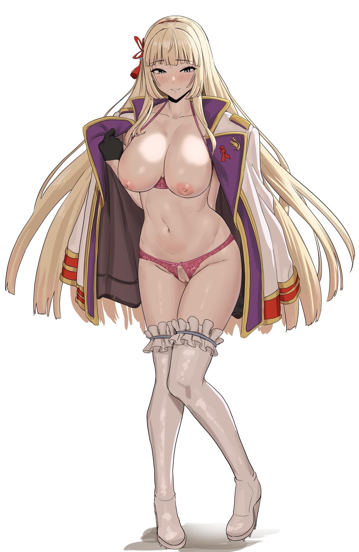 1girls, 2021, areola, belly, black gloves, blonde hair, blue eyes, blush, breasts, breasts out, breasts out of bra, chela77, closed mouth, collarbone, crotchless panties, eyebrows, eyebrows visible through hair, eyelashes, female, female focus, female only, frilled legwear, full body, gloves, hair ornament, half-closed eyes, jacket, last origin, legwear, leona (last origin), leona of blood & iron, long hair, looking at viewer, mouth closed, navel, nipples, open clothes, open jacket, pink bra, pink panties, pink underwear, simple background, solo, solo female, solo focus, standing, white background, white legwear