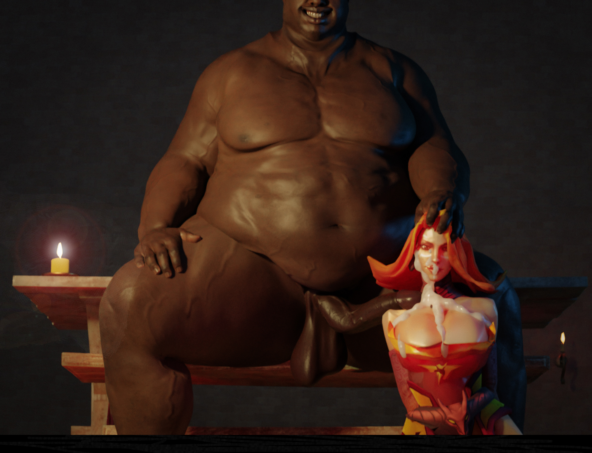 1boy, 1girls, 3d, cum, dark skin, dark-skinned male, dota 2, facial, fat male, female, fur, gildagriffon, interracial, lina, male, sex, straight