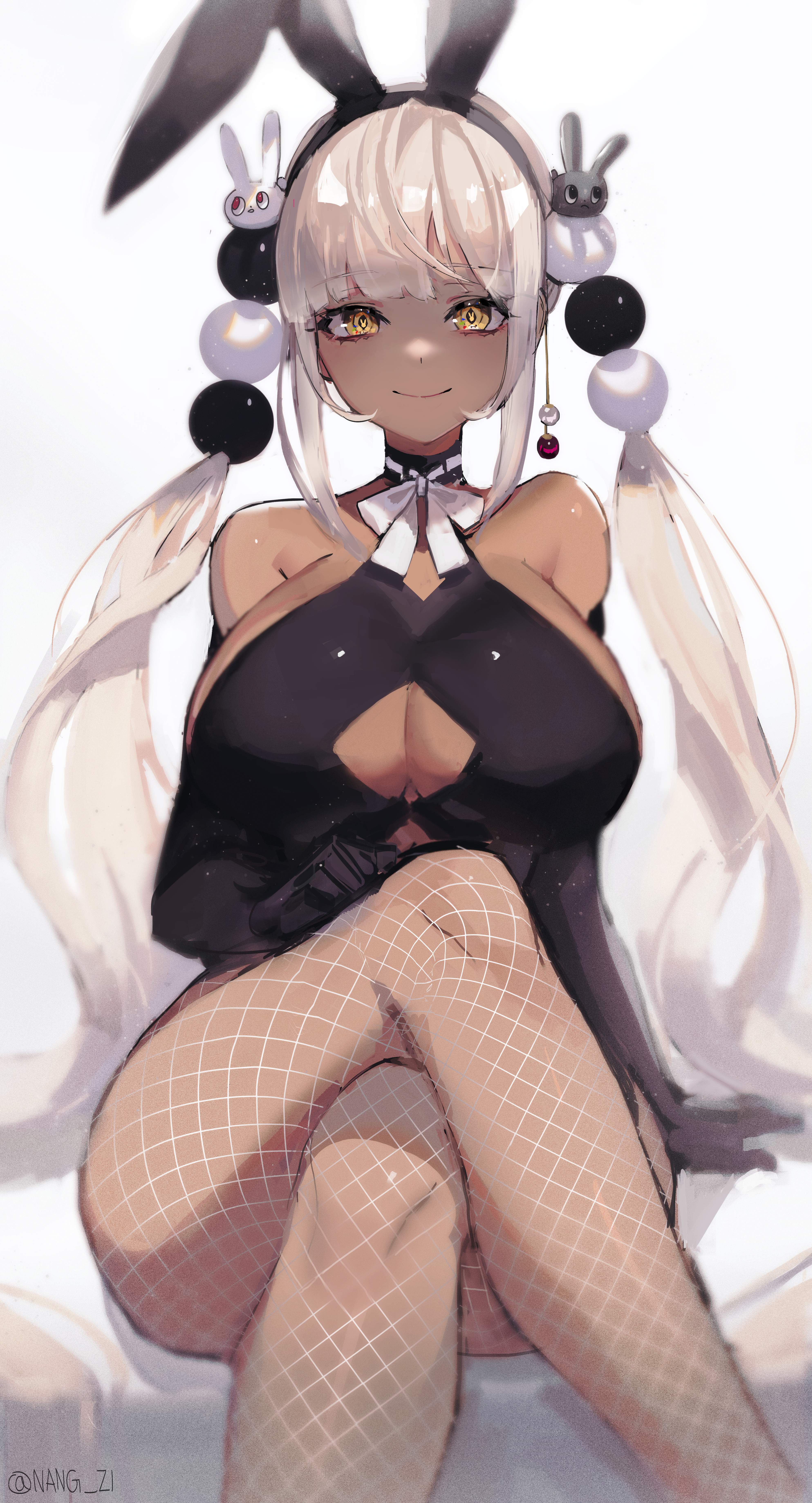 1girls, big breasts, breasts, bunny ears, bunny girl, bunnysuit, dark skin, dark-skinned female, female, fishnets, hololive, hololive english, hololive english -council-, huge breasts, nang z1, nangz1, orange eyes, pink hair, revealing clothes, tight clothing, tsukumo sana, twintails, virtual youtuber
