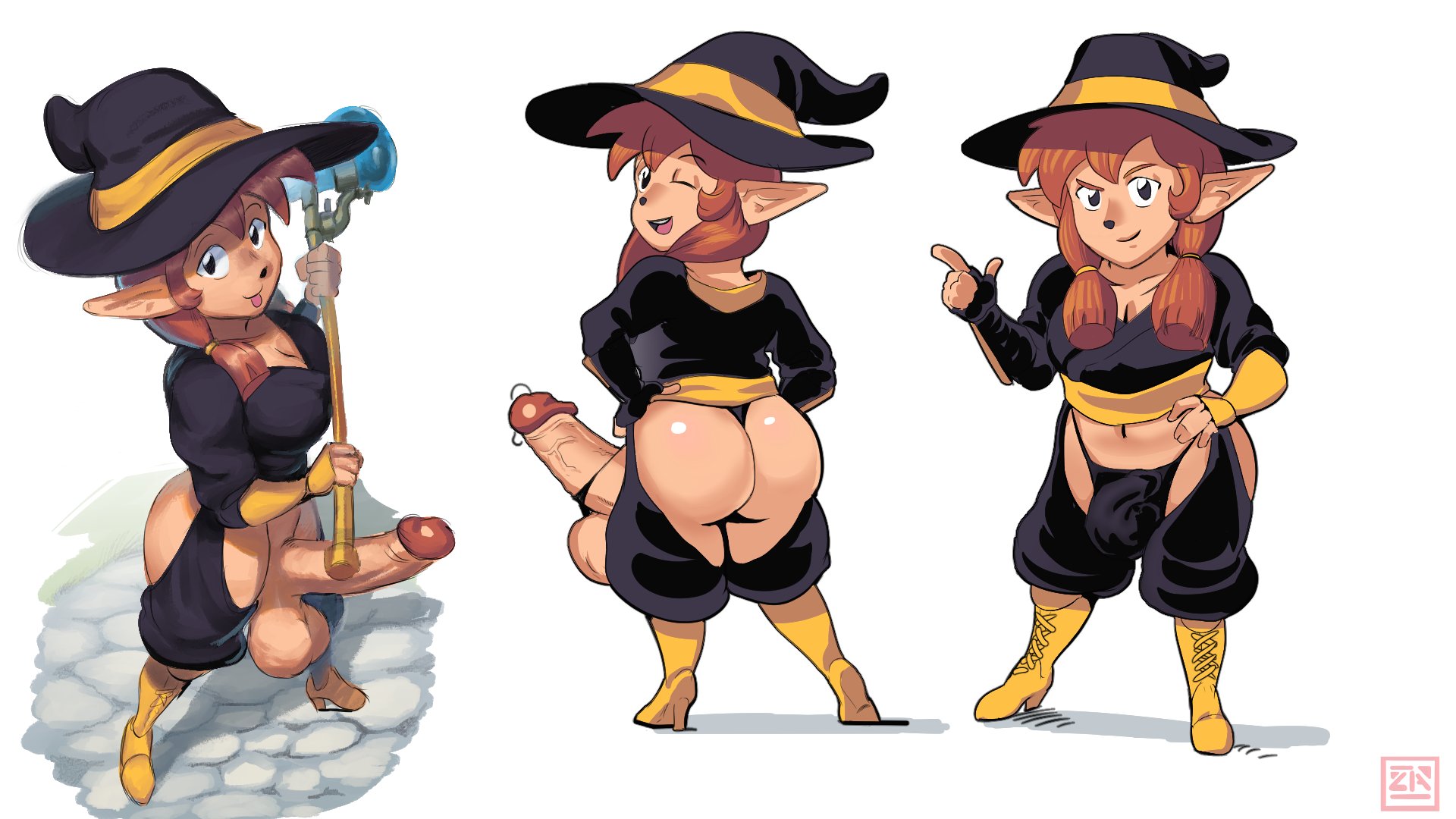 1futa, amber (zestysauce), ass, balls, big balls, big breasts, big penis, breasts, bulge, clothed, clothing, elf ears, erection, futa only, futanari, huge cock, humanoid, humanoid penis, intersex, laced boots, light skin, light-skinned futa, oc, original character, pale skin, partially clothed, partially nude, penis, pointy ears, sex toy, shortstack, solo, solo futa, sorceress, staff, standing, witch hat, zestysauce