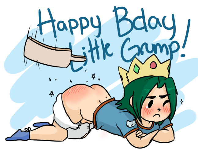 /// androgynous animal_print ass blue_background blue_legwear blue_shirt blue_socks blush cat_print crossed_arms crown diaper diaper_pull elbow_rest frown full_body green_hair happy_birthday headwear kneeling legwear light-skinned medium_hair merunyaa motion_lines one_eye_closed paddle red_rump shirt simple_background socks solo spanking speed_lines star_(symbol) t-shirt tearing_up white_background