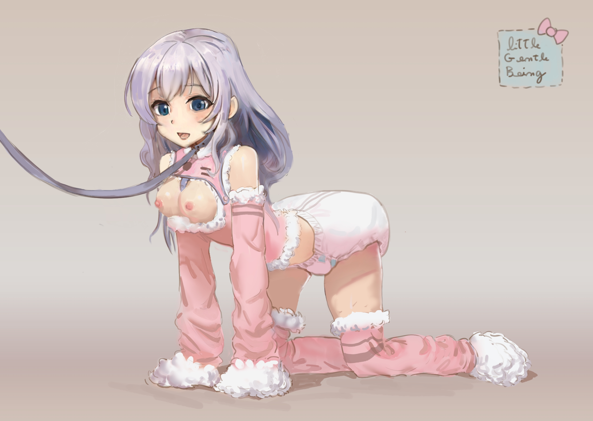 all fours, arm support, artist name, bare shoulders, blue eyes, blush, bondage, bow, breast cutout, breasts, collar, detached sleeves, diaper, female, female only, full body, fur trim, gradient, gradient background, grey background, high resolution, human pet, kneeling, leash, leg warmers, legwear, light skin, light-skinned female, lilac hair, littlegentlebeing, long hair, medium breasts, midriff peek, nipples, open mouth, petplay, pink bow, pink legwear, pink shirt, purple hair, shirt, solo