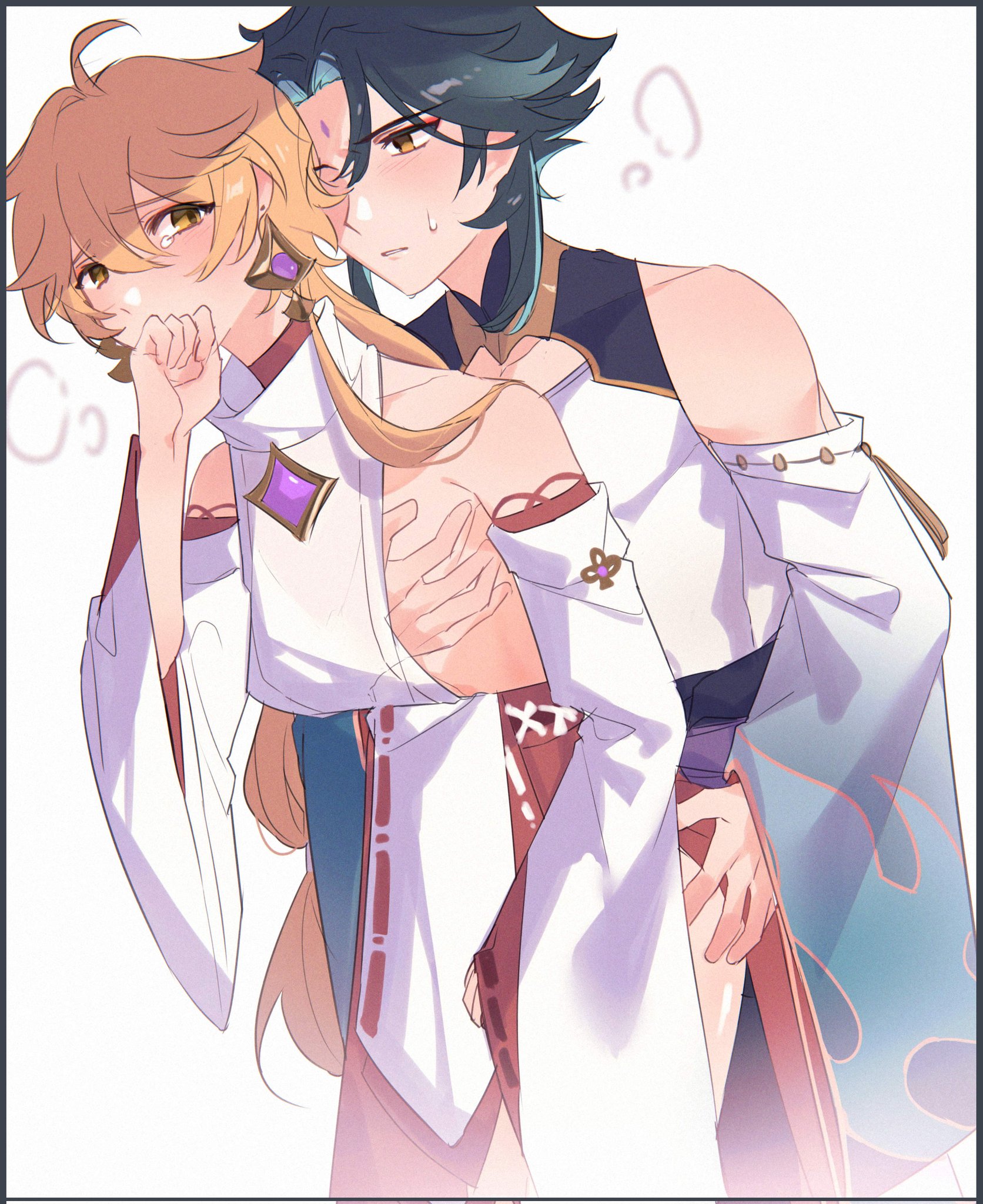 2boys, adeptus, aether (genshin impact), androgynous, bending over, black hair, blonde hair, blue hair, blush, braid, chinese clothes, covering mouth, crying, dacryphilia, gay, genshin impact, japanese clothes, male, moaning, nipple grab, penis, penis against ass, rarur 905, suggestive, teal hair, thick thighs, thighs, xiao (genshin impact), yellow eyes
