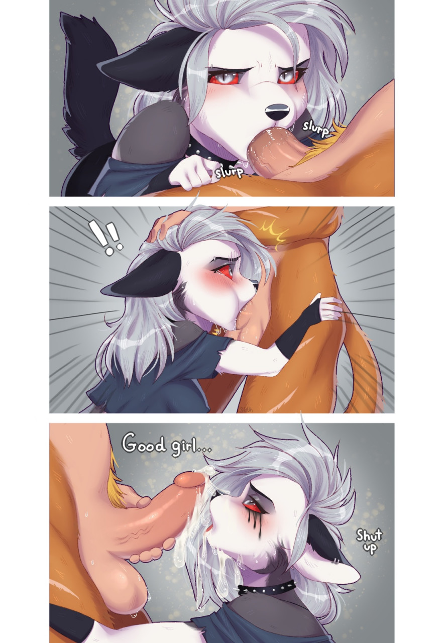 2021, 36th, anthro, balls, blush, bodily fluids, canid, canid demon, canine, canis, clothing, collar, comic, cum, cum on face, cum on penis, deepthroat, demon, dialogue, digital drawing (artwork), digital media (artwork), duo, english text, eyelashes, fellatio, female, female penetrated, forced, forced oral, fur, genital fluids, genitals, grey body, hair, hand on head, hellhound, helluva boss, hi res, humanoid genitalia, loona (helluva boss), male, male penetrating, male penetrating female, male/female, mammal, mythological canine, mythological creature, mythology, nude, open mouth, oral, oral penetration, penetration, penile, penis, red sclera, running mascara, sex, simple background, sound effects, text, white body, white fur