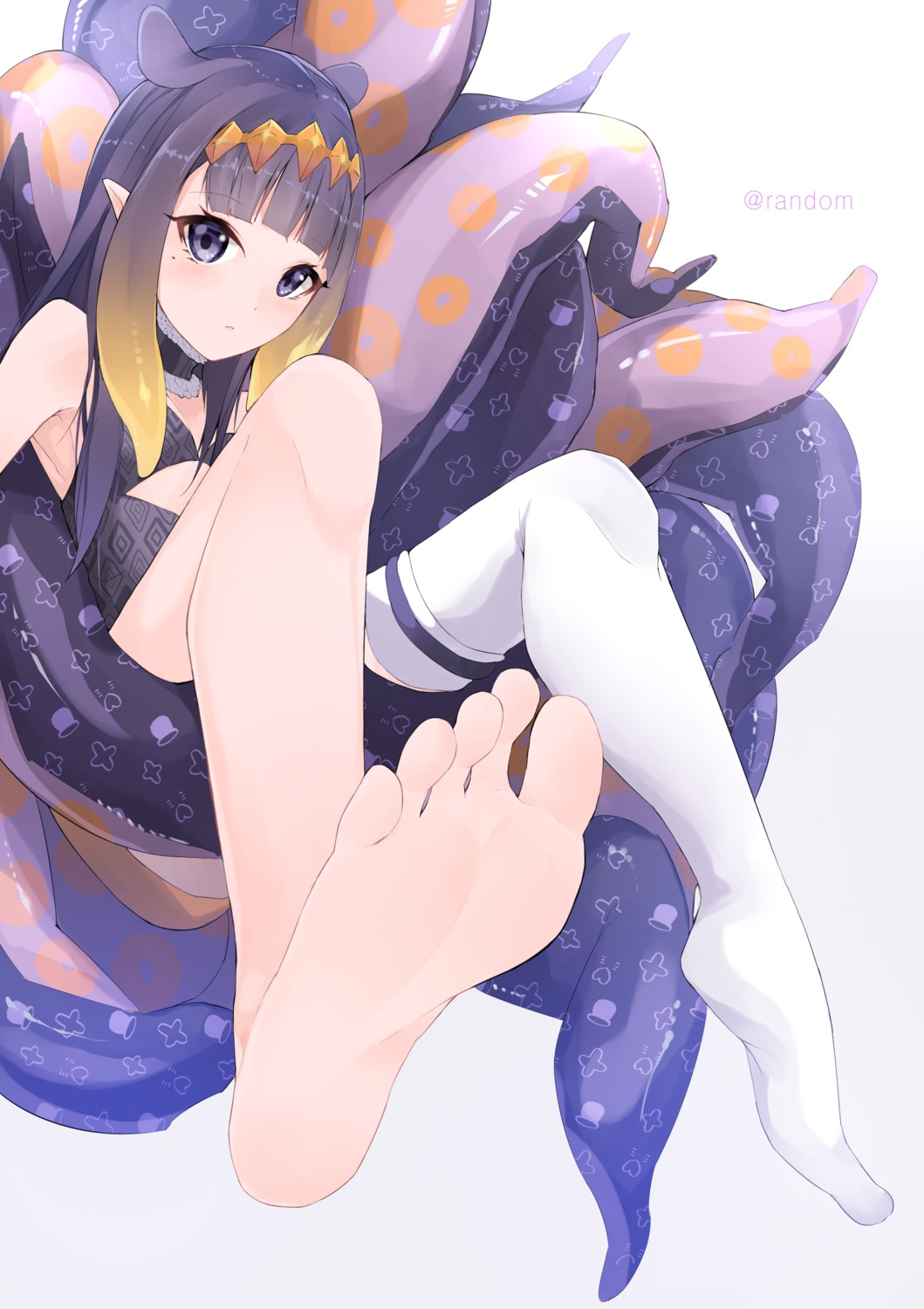 1girls, artist request, barefoot, blush, blushing at viewer, breasts, diadem, eyebrows visible through hair, feet, feet up, female, female focus, female only, flat chest, flat chested, foot fetish, highres, hololive, hololive english, hololive myth, light skin, light-skinned female, long hair, looking at viewer, mole, mole under eye, multicolored hair, ninomae ina'nis, orange hair, pale skin, pale-skinned female, pointy ears, purple eyes, purple hair, small breasts, source request, stockings, tentacle, tiara, very long hair, virtual youtuber, white background, white stockings