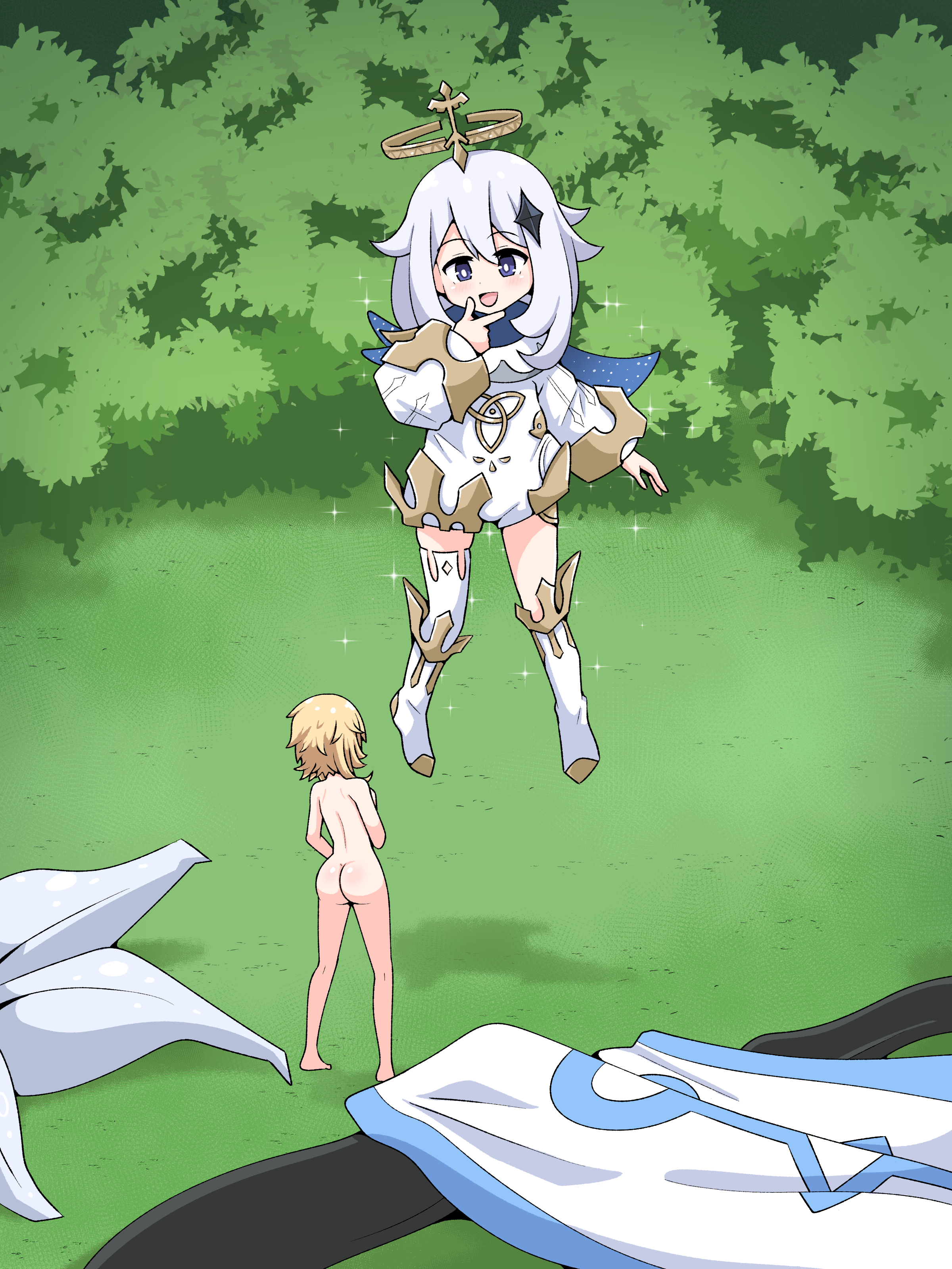 2020, 2girls, 3:4, absurd res, ass, asymmetrical legwear, back, big ass, blonde hair, blue eyes, bush, clothed, clothed female nude female, clothing, dress, eyebrows visible through hair, female, female only, finger to chin, floating, full body, genshin impact, grass, hair between eyes, hair ornament, halo, highres, humiliation, inksgirls, jewelry, looking at another, lumine (genshin impact), micro female, multiple females, multiple girls, nude, open mouth, outdoors, paimon (genshin impact), scarf, short hair, shrinking, shrunk, shrunken female, size difference, smile, sparkle, standing, thighhighs, thighs, tongue, white hair