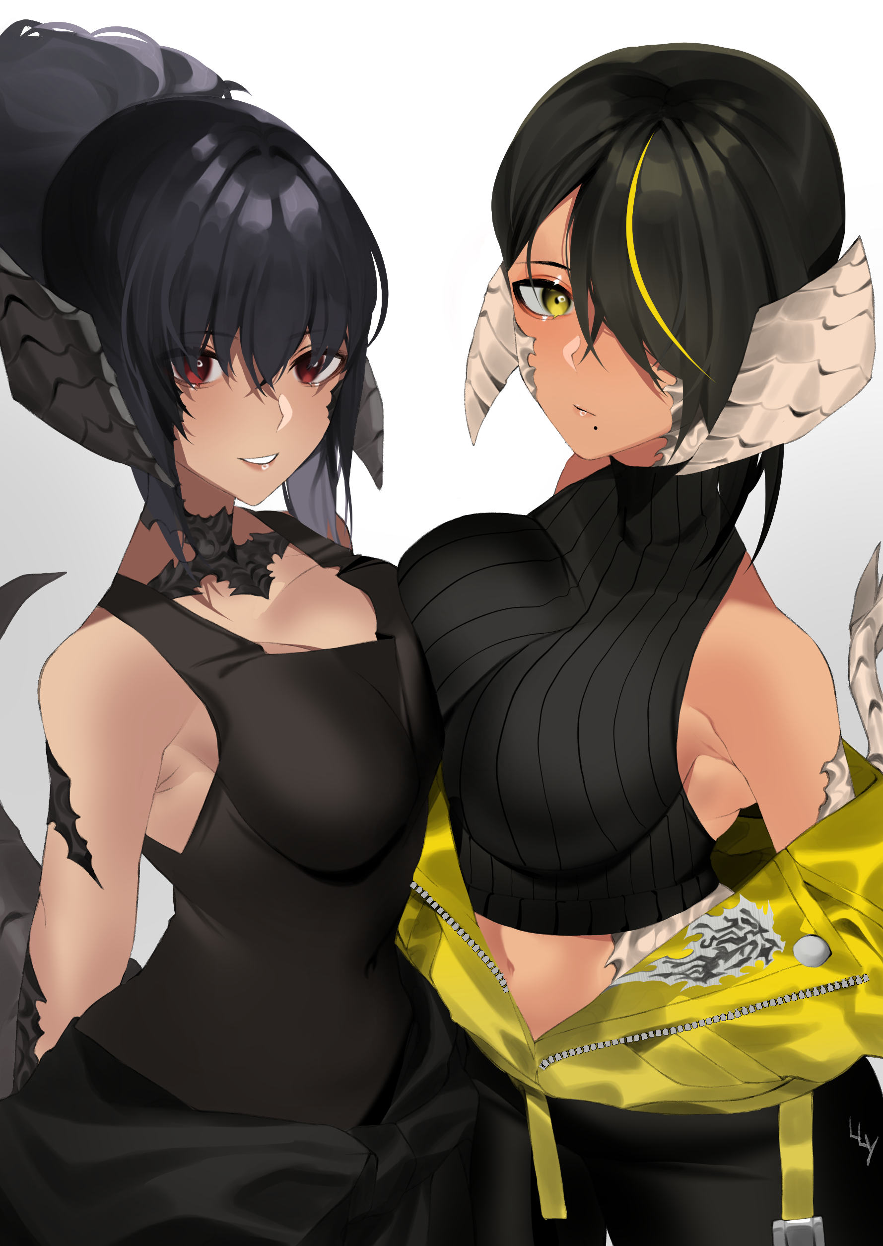 2girls, abs, armpits, au ra, bangs, bare shoulders, belly button, big breasts, black dress, black hair, black legwear, breasts, choker, cleavage, clothed, clothing, dark elf, dark hair, dark skin, dark-skinned female, elf, elf ears, elf female, female, female focus, female only, final fantasy, final fantasy xiv, hair between eyes, hair over one eye, horned humanoid, horns, large breasts, lilith (lilycious), lilycious, looking at viewer, mole, mole on breast, mole under mouth, multicolored hair, open clothes, pointy ears, red eyes, scales, short hair, smile, tagme, tail, virgin killer sweater, xaela, yellow background, yellow eyes, yellow hair