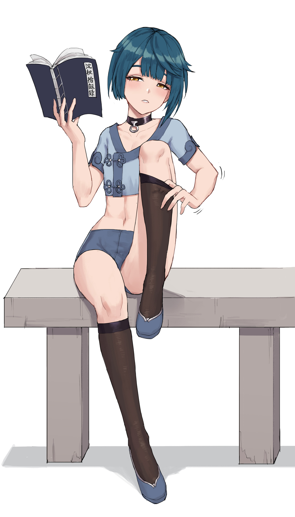 1boy, androgynous, blue hair, blush, book, choker, crop top, crossdressing, crossdressing male, femboy, genshin impact, kneehighs, male, male only, midriff, moolmoonlight, navel, otoko no ko, revealing clothes, short shorts, solo, solo male, thighs, trap, xingqiu (genshin impact), yellow eyes