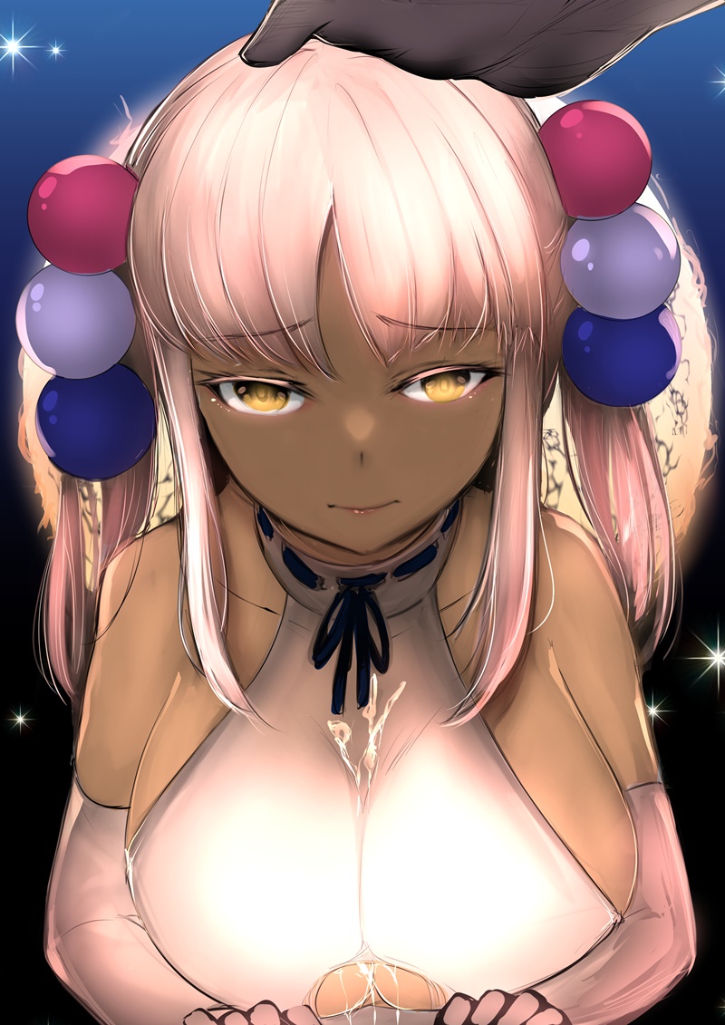1girls, big breasts, breasts, clothed female, cum, cum on breasts, cum on clothes, dark skin, dark-skinned female, female, hand on head, headpat, hololive, hololive english, hololive english -council-, male, male pov, orange eyes, pink hair, pov, pov eye contact, revealing clothes, syntier13, tight clothing, tsukumo sana, twintails, virtual youtuber