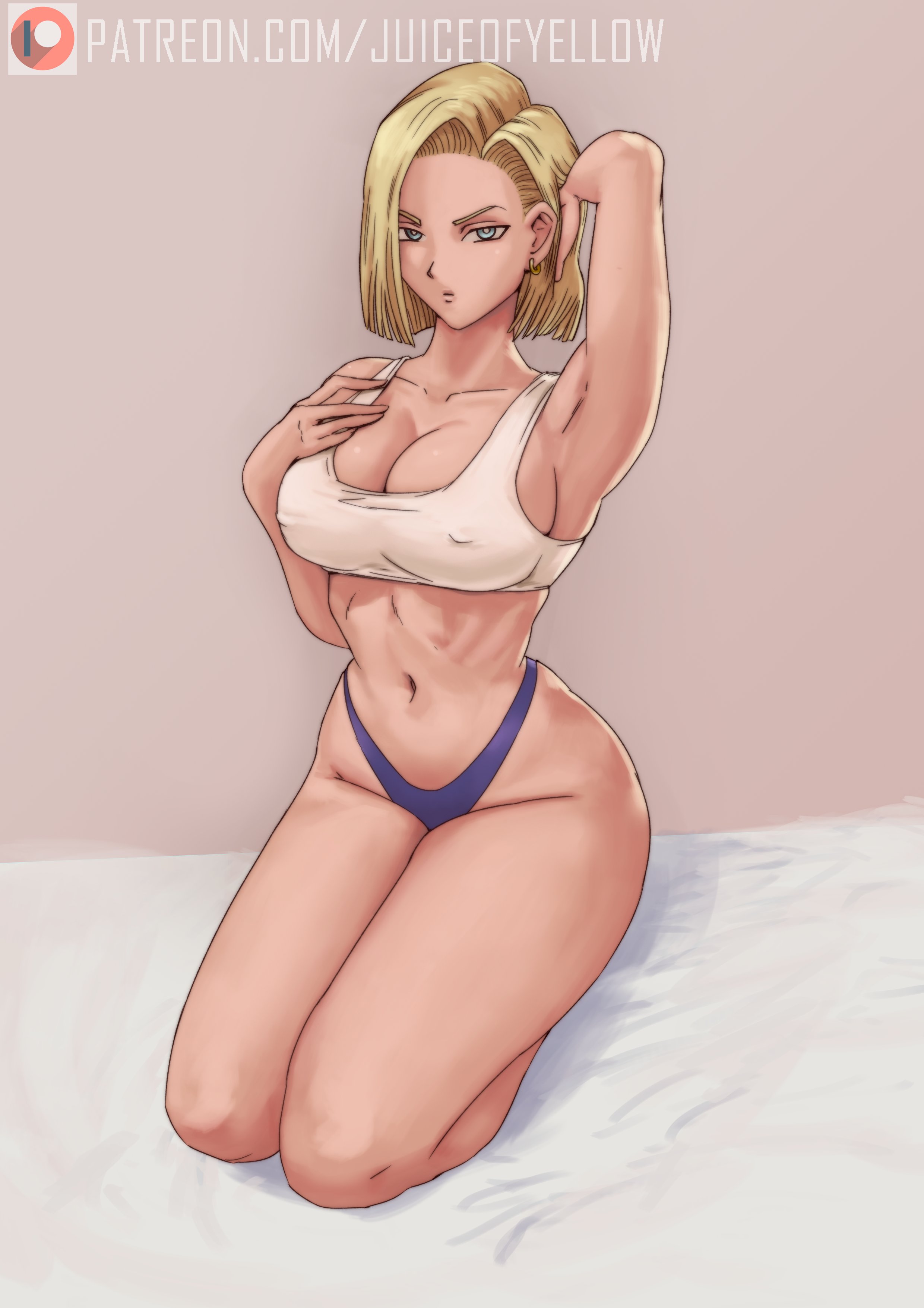 1girls, android 18, blonde hair, blue eyes, breasts, cleavage, clothed, dragon ball, dragon ball z, female, female only, hand behind head, juiceofyellow, kneeling, large breasts, looking at viewer, navel, nipples visible through clothing, panties, solo, sports bra, underwear