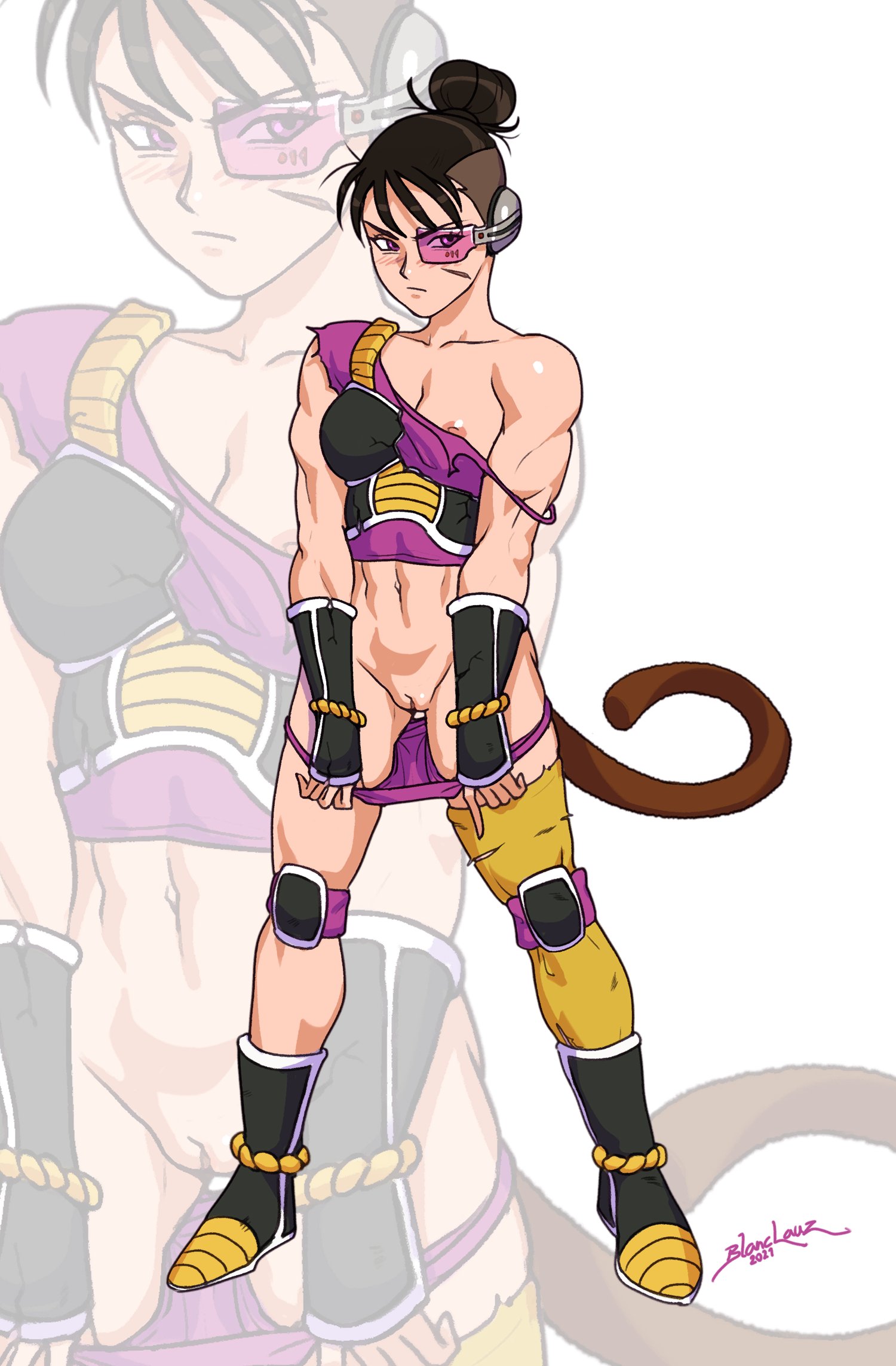 1girls, abs, armor, artist signature, bangs, bare shoulders, black hair, blanclauz, blush, boots, borrowed character, brown hair, cleavage, cleft of venus, collarbone, dragon ball, dragon ball xenoverse, female, female focus, female only, female saiyan, full body, hair bun, highres, looking away, looking to the side, lukas klaudat, monkey tail, muscular, muscular female, navel, nipple slip, nipples, original, pink clothes, pink-tinted eyewear, purple eyes, pussy, saiyan, saiyan armor, scar, scar on face, scouter, shaved side, sole female, solo, solo focus, tail, tied hair, tinted eyewear, toned, torn clothes, torn legwear, undressing, zoom layer