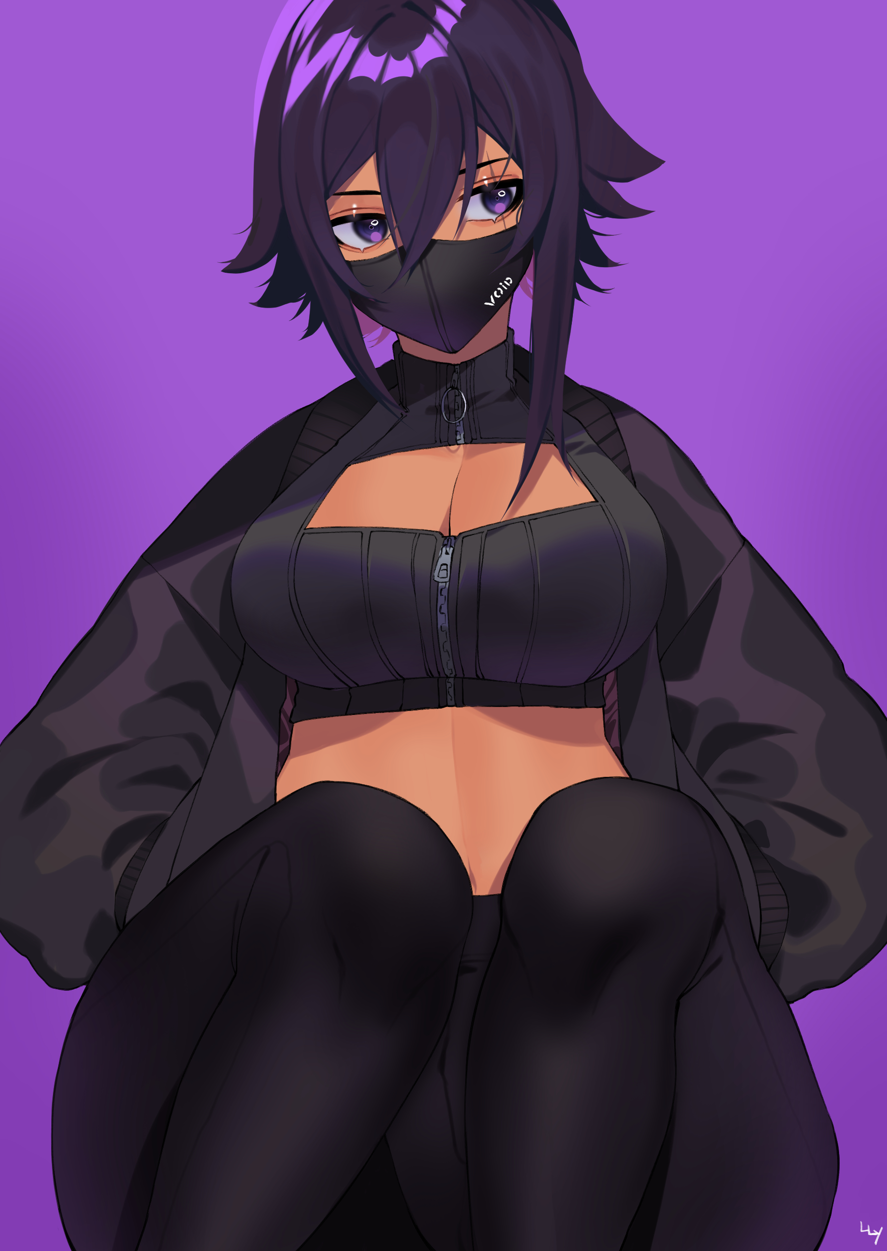 abs, asymmetrical hair, bangs, bare midriff, big breasts, black bra, black hair, black legwear, bra, breasts, choker, cleavage, dark hair, dark skin, dark-skinned female, english text, female, female focus, female only, hair between eyes, hands in pockets, large breasts, lilycious, looking away, looking to the side, mask, mask on head, masked, masked female, oc, open clothes, purple background, purple hair, sitting, solo, solo female, solo focus, tagme, void, zipper, zipper pull tab