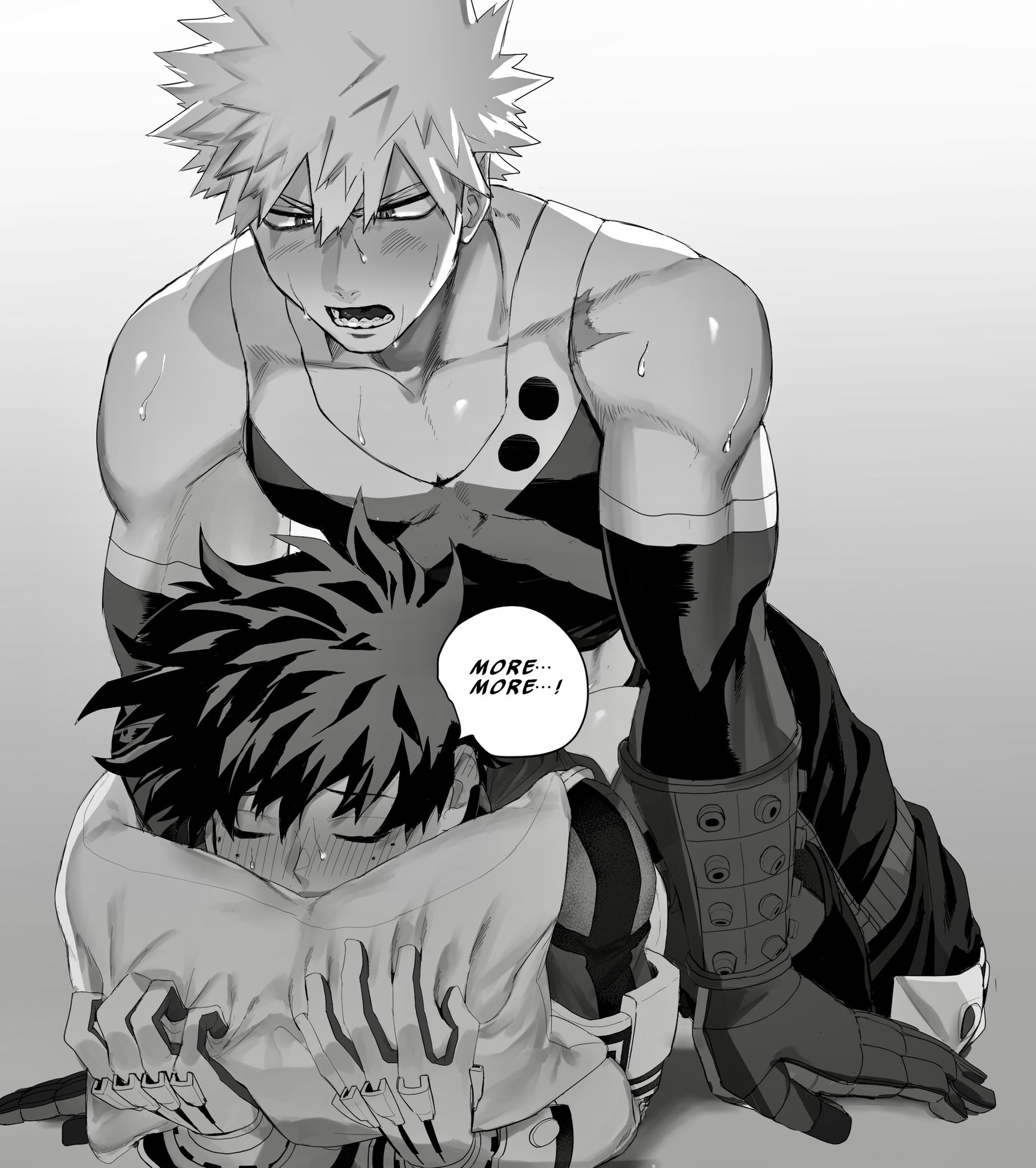 2boys, anal, anal sex, closed eyes, clothing, dialogue, doggy style, english text, gay, gay male, gloves, goodbye glory, greyscale, hero outfit (mha), izuku midoriya, katsuki bakugou, male, male only, male penetrated, male penetrating, male penetrating male, male/male, monochrome, my hero academia, open mouth, pillow, pillow grab, speech bubble, spiky hair, sweat, sweatdrop, text, yaoi