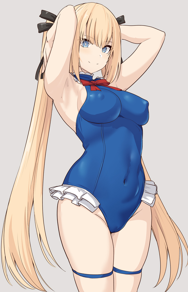 1girls, alternate breast size, armpits, arms behind head, arms up, bangs, bare shoulders, big breasts, blonde hair, blue eyes, blue leotard, blush, breasts, covered nipples, dead or alive, dead or alive 5, female, fit, fit female, frilled leotard, frills, hair ribbon, large breasts, leotard, light skin, light-skinned female, long hair, looking at viewer, marie rose, marie rose (devilish servant against the splashing waves), ribbon, shiseki hirame, slim waist, smile, solo, teenage female, teenager, thighs, twintails, wide hips