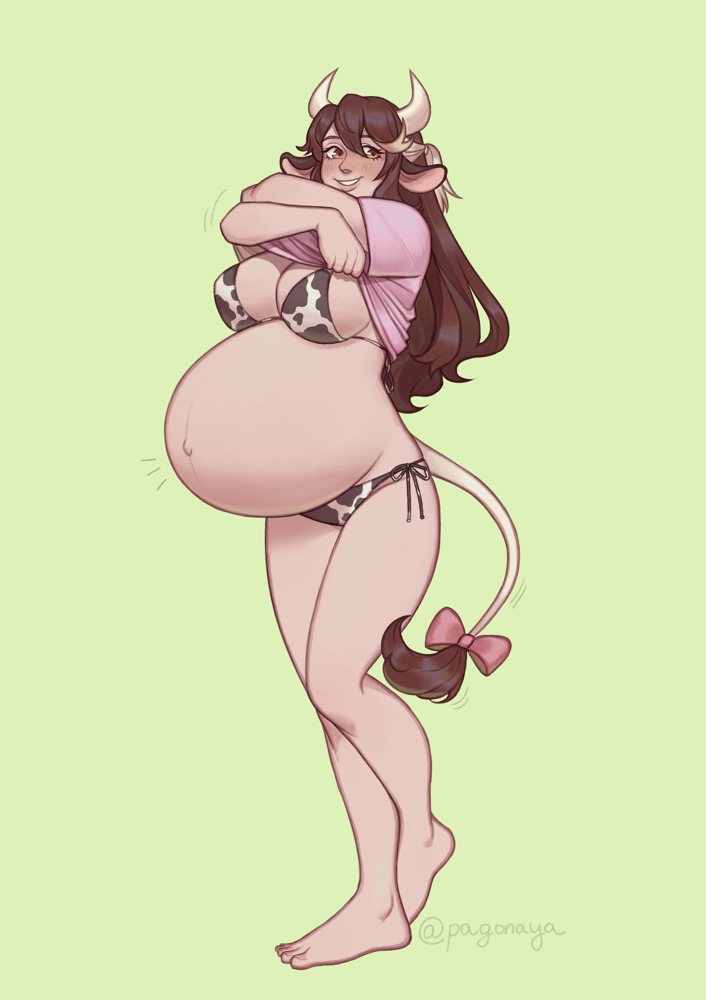 1girls, absurdres, bikini, breasts, cow bikini, cow girl, female, female only, highres, huge belly, large breasts, pagonaya, pregnant, ready to pop, solo