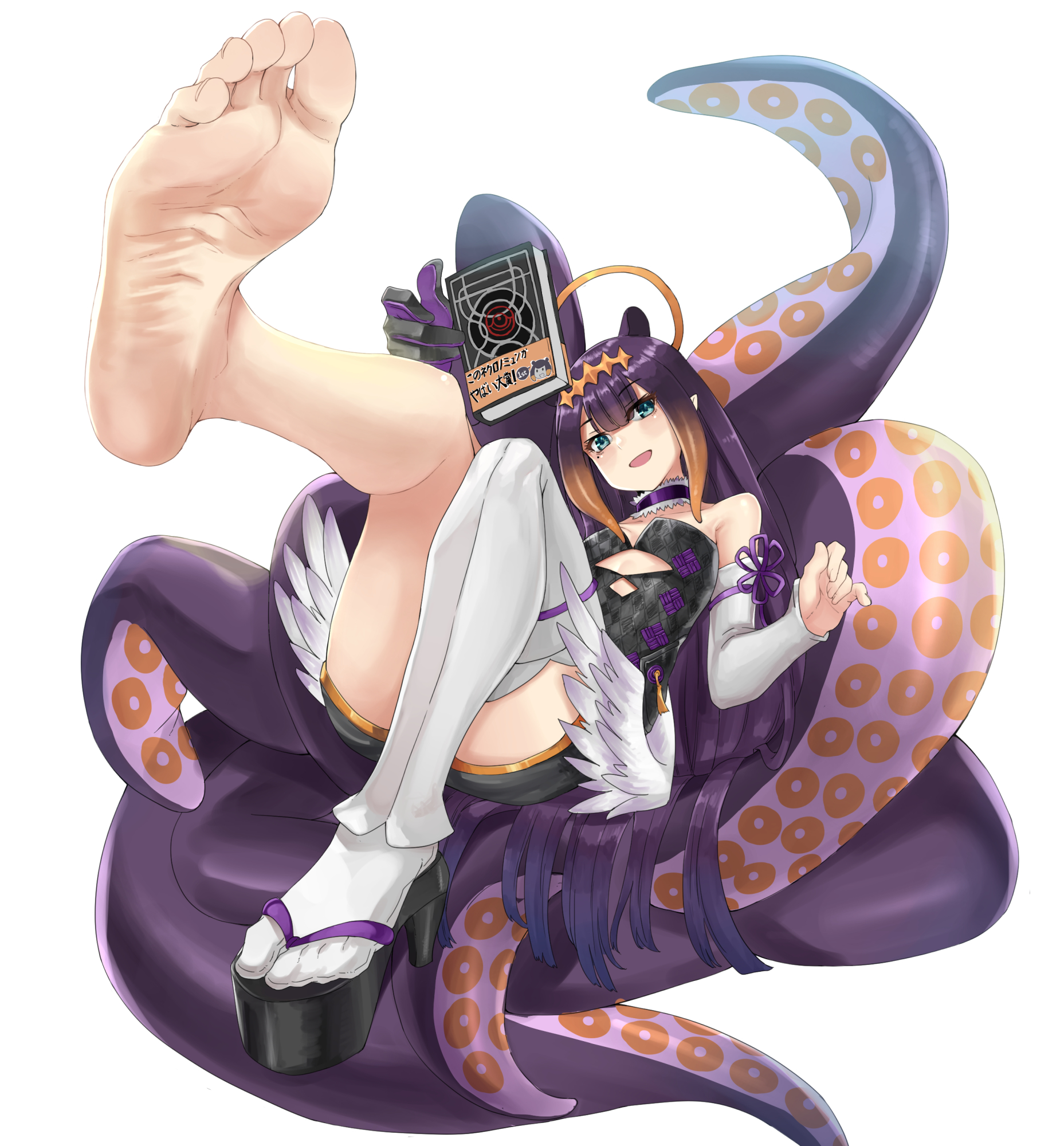 1girls, angel wings, armwear, barefoot, blue eyes, book, breasts, choker, diadem, dress, eyebrows visible through hair, feet, feet up, female, female focus, female only, flat chest, flat chested, foot fetish, gloves, halo, high heels, hololive, hololive english, hololive myth, light skin, light-skinned female, long hair, looking at viewer, low wings, lying, lying on back, multicolored hair, ninomae ina'nis, okobo, orange hair, pale skin, pale-skinned female, pointy ears, purple hair, small breasts, soles, stockings, tentacle, tiara, very long hair, virtual youtuber, wings, wrinkled feet