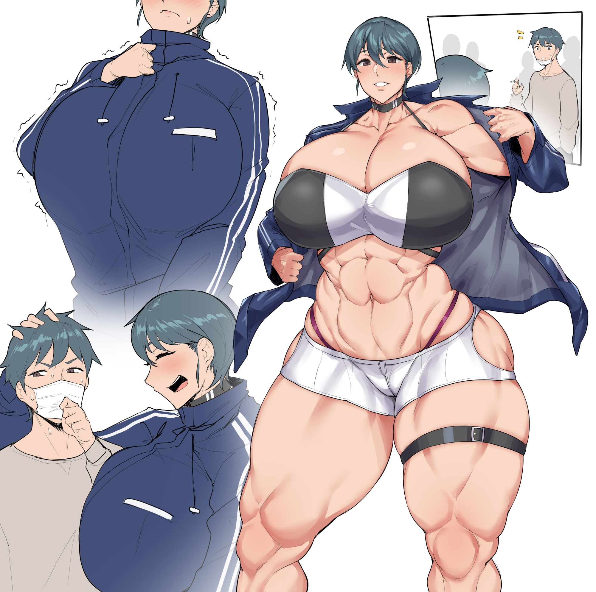 abs, alternate hairstyle, big breasts, breasts, choker, cleavage, closed eyes smile, curvy, female, huge breasts, jacket, male, mask, mature female, milf, mother, mother and son, muscular, muscular female, muscular thighs, natedecock, natsumi (natedecock), original, seductive, short hair, shorts, surgical mask, thick thighs, venus body, very short hair