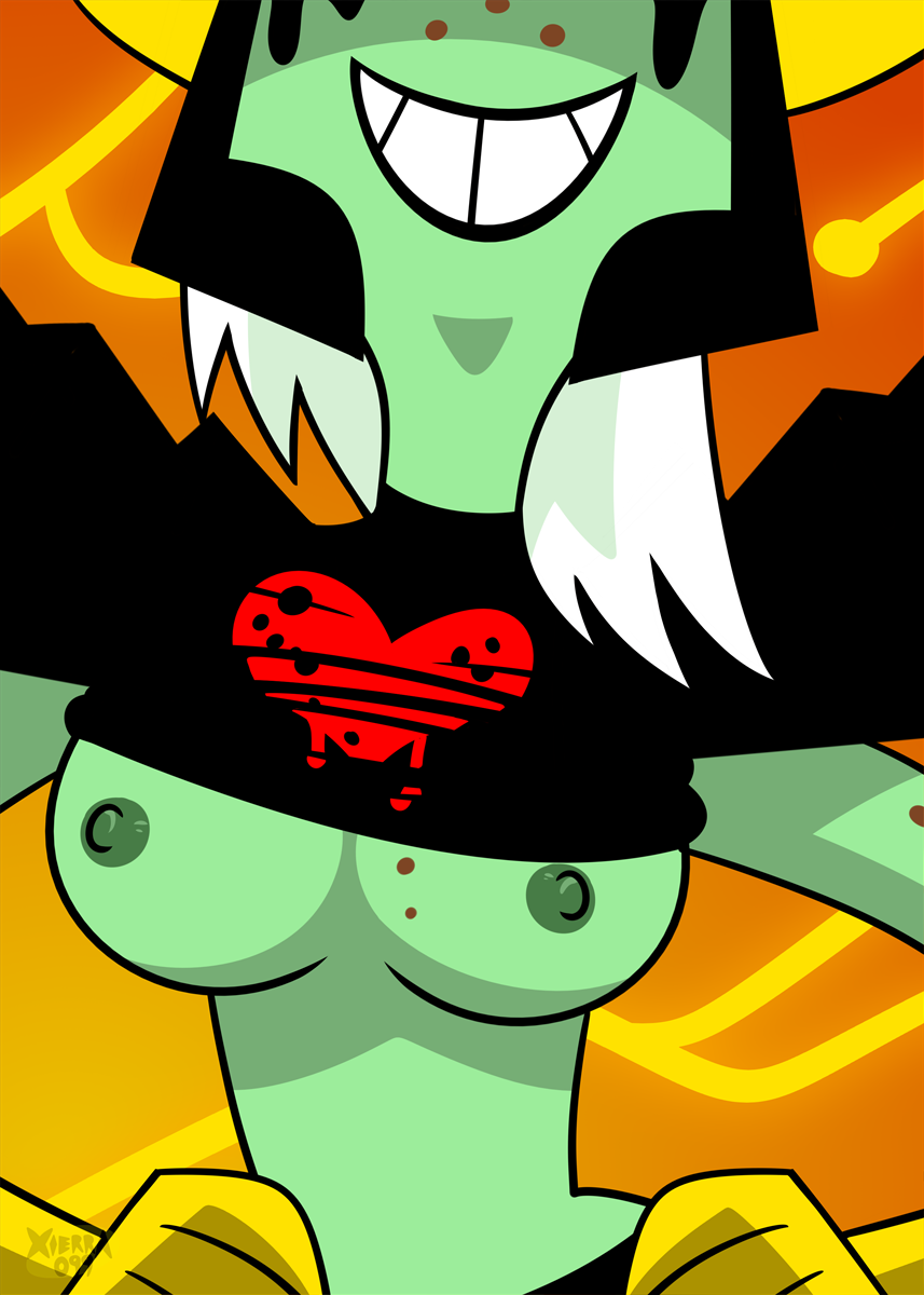 1girls breasts evil_grin evil_smile female flashing_at_viewer flashing_breasts freckles gloves green_skin heart_shirt helmet looking_at_viewer lord_dominator nipples pin-up pin_up pinup selfie shirt_up smile smiling smiling_at_viewer solo solo_female solo_focus wander_over_yonder white_hair xierra099