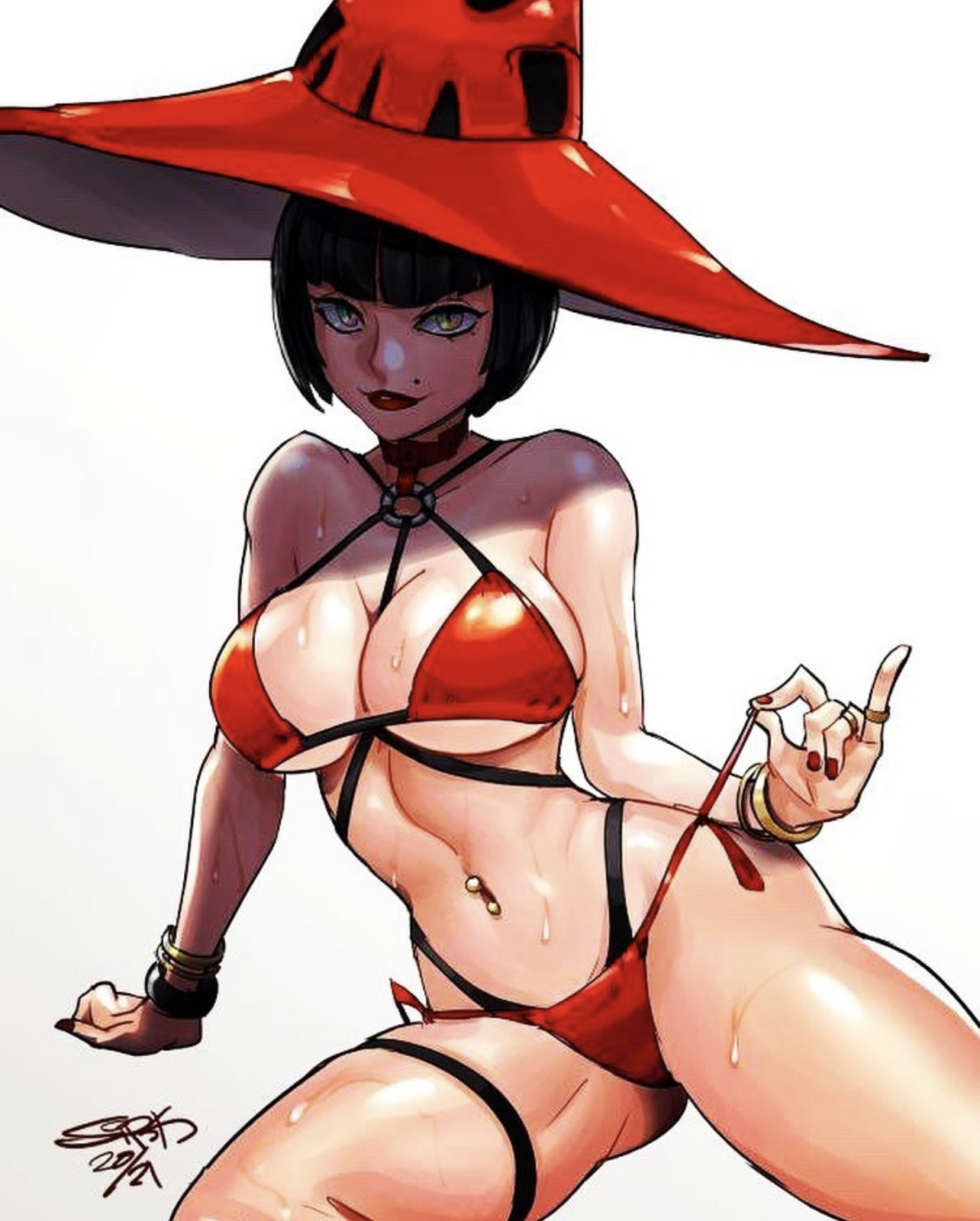 bigdumsirk, bikini, black hair, bob cut, guilty gear, i-no, pierced belly button, red bikini, short hair, solo, witch hat